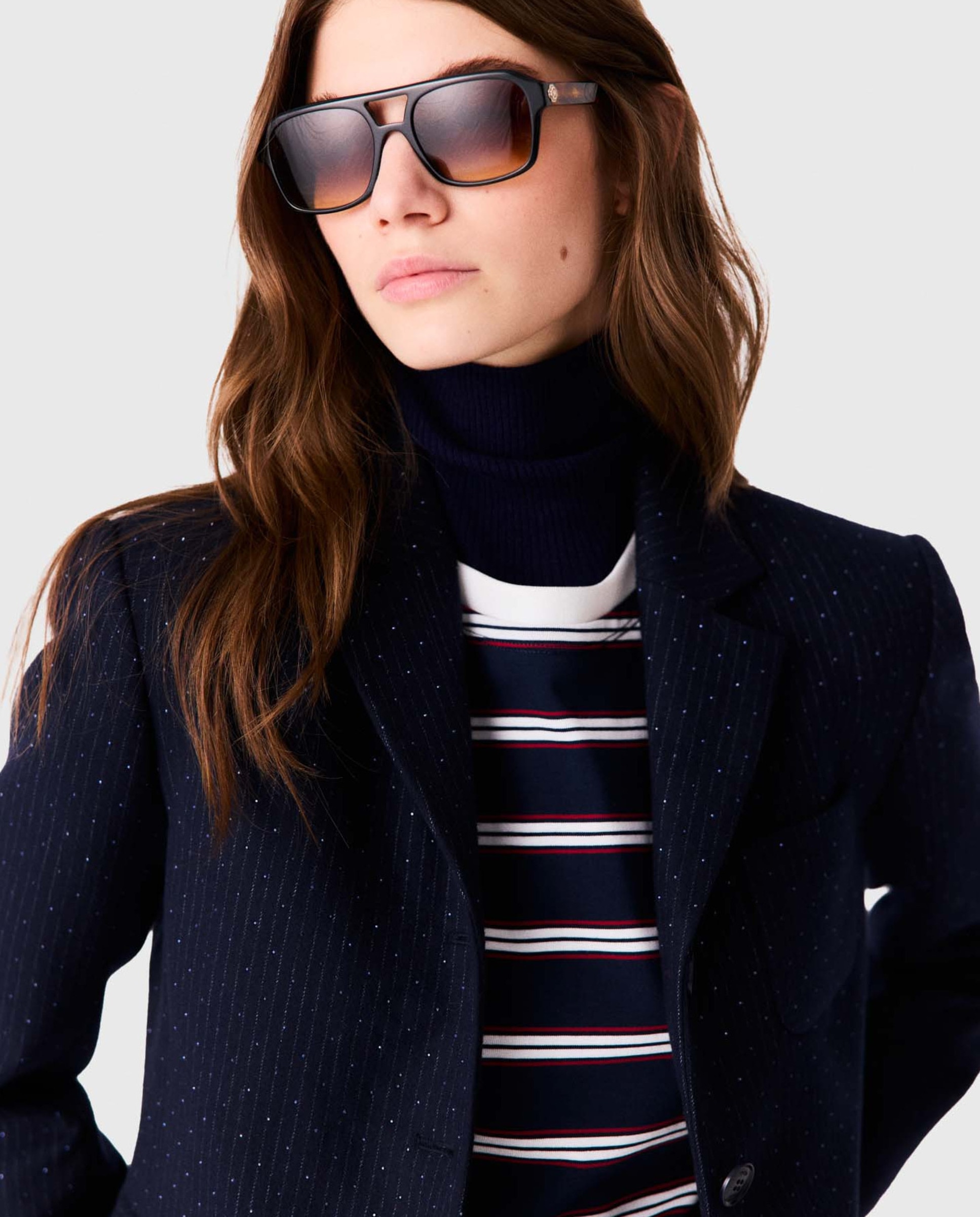Chaqueta de mujer sastre corta con rayas de lúrex - Maje - Azul marino Azul marino-6