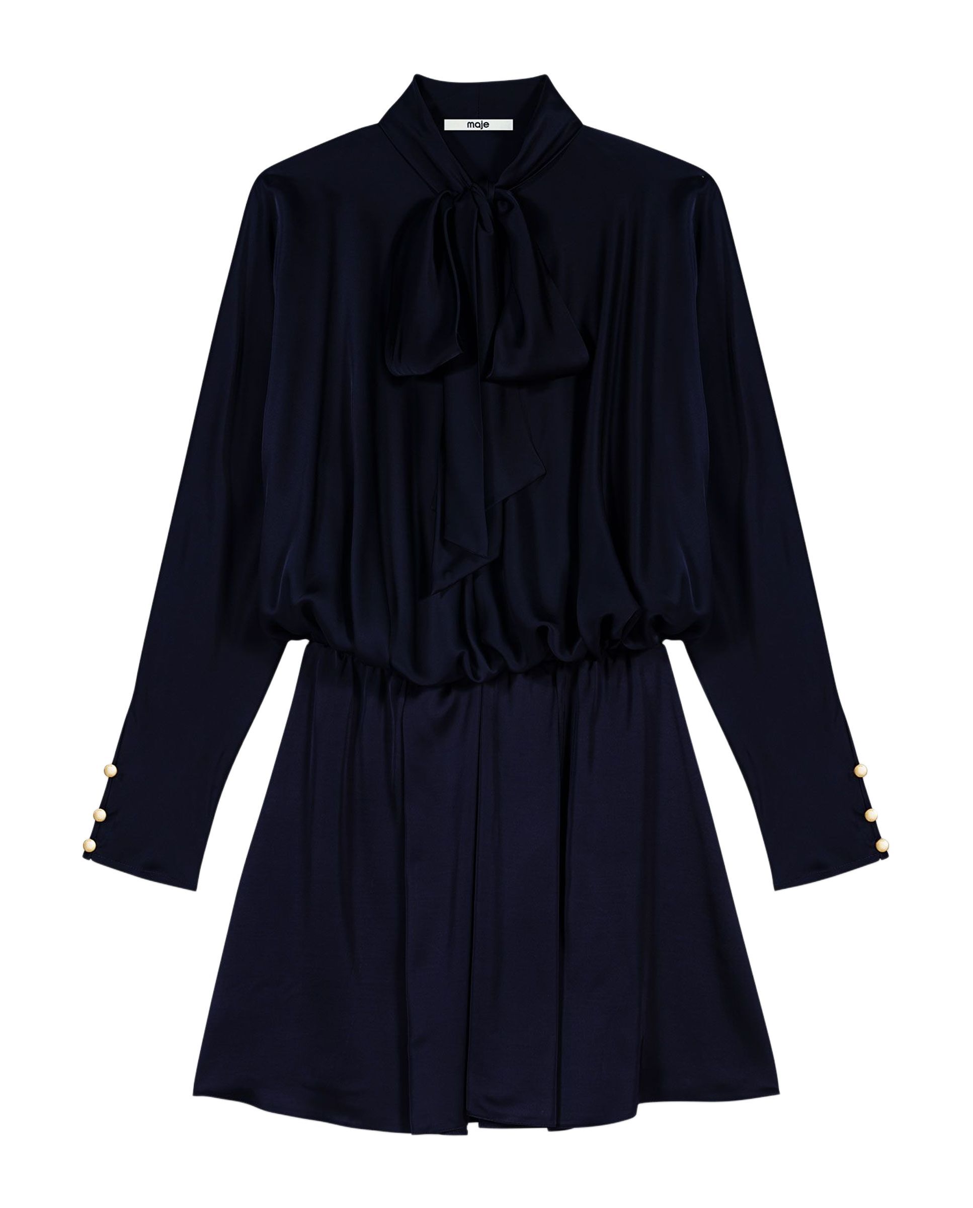 Vestido corto drapeado de satén con mangas murciélago - Maje - Azul marino Azul marino-9