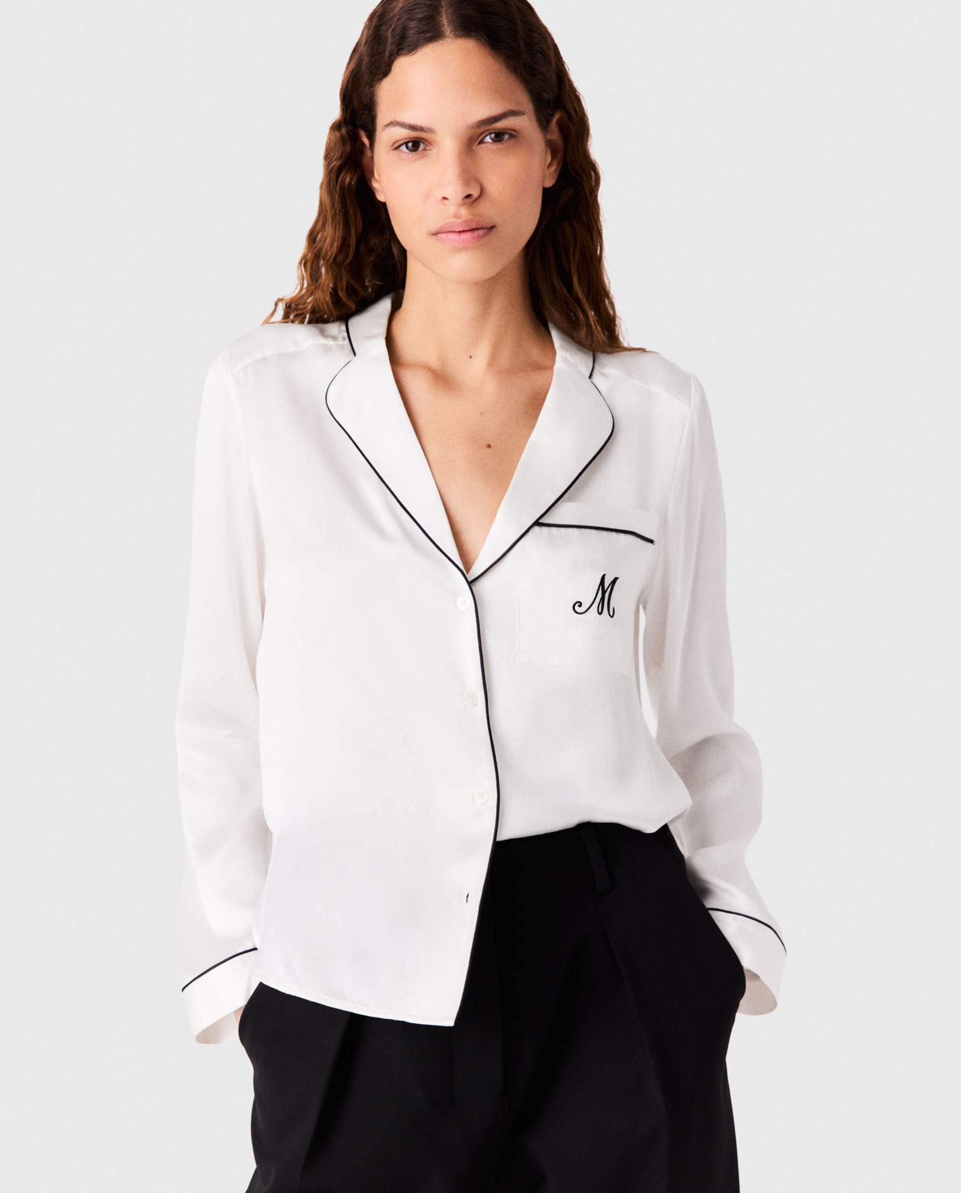 Camisa de mujer 100% seda recta con bordado y ribete contraste - Maje - Blanco Blanco-1