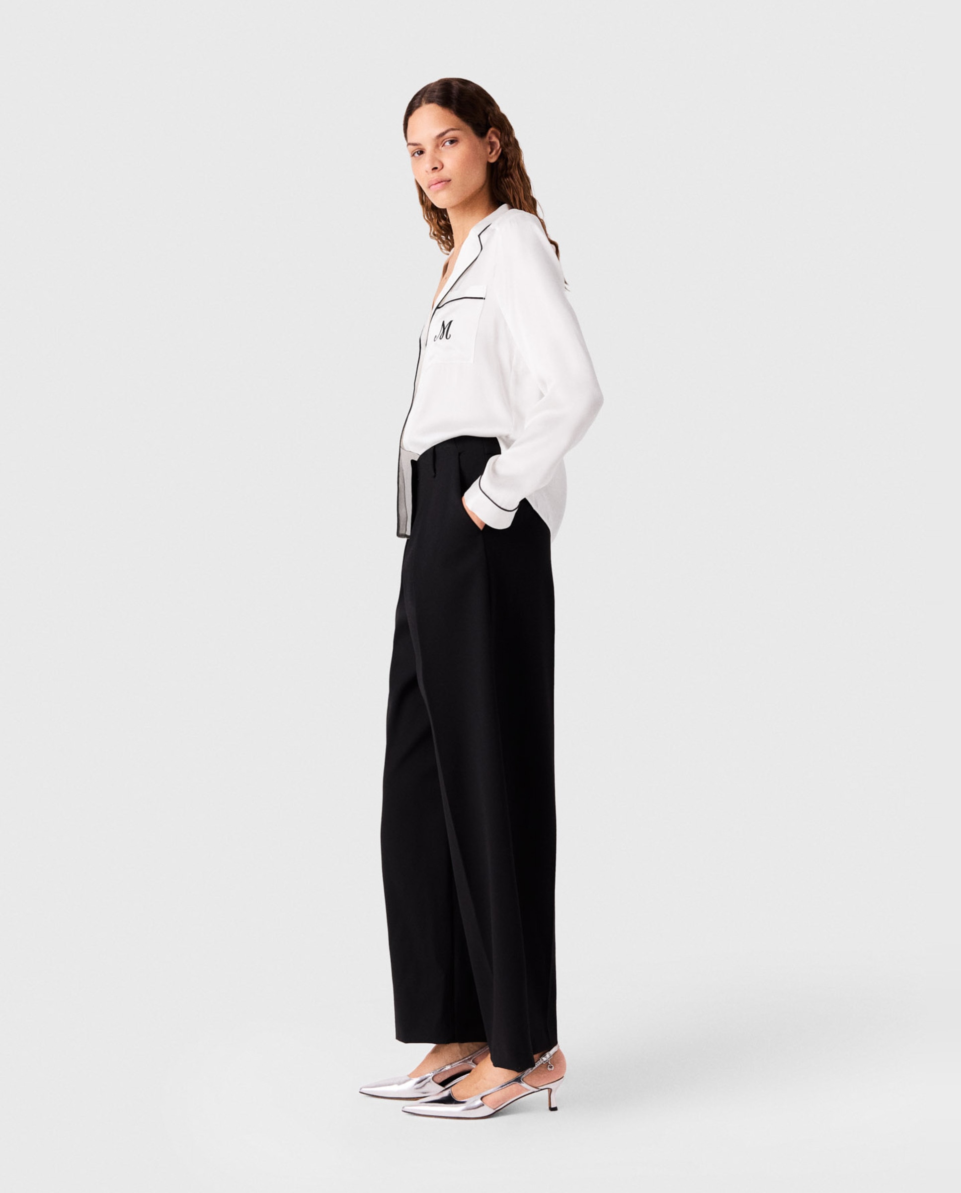 Camisa de mujer 100% seda recta con bordado y ribete contraste - Maje - Blanco Blanco-3