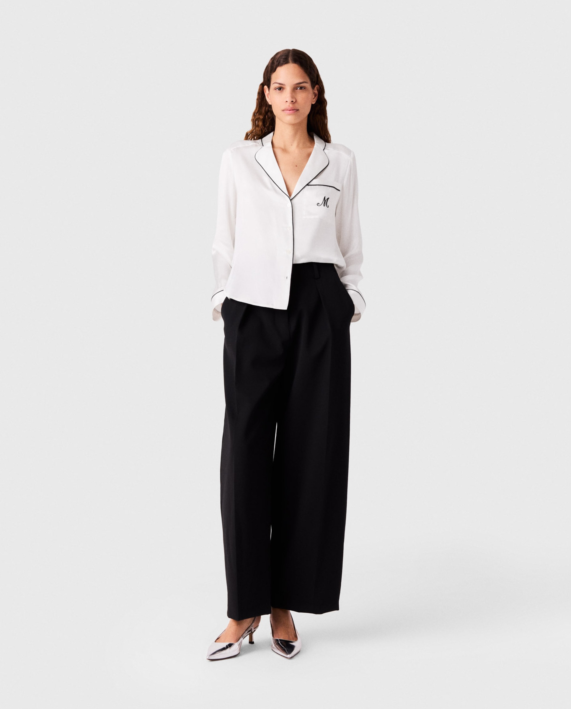 Camisa de mujer 100% seda recta con bordado y ribete contraste - Maje - Blanco Blanco-4