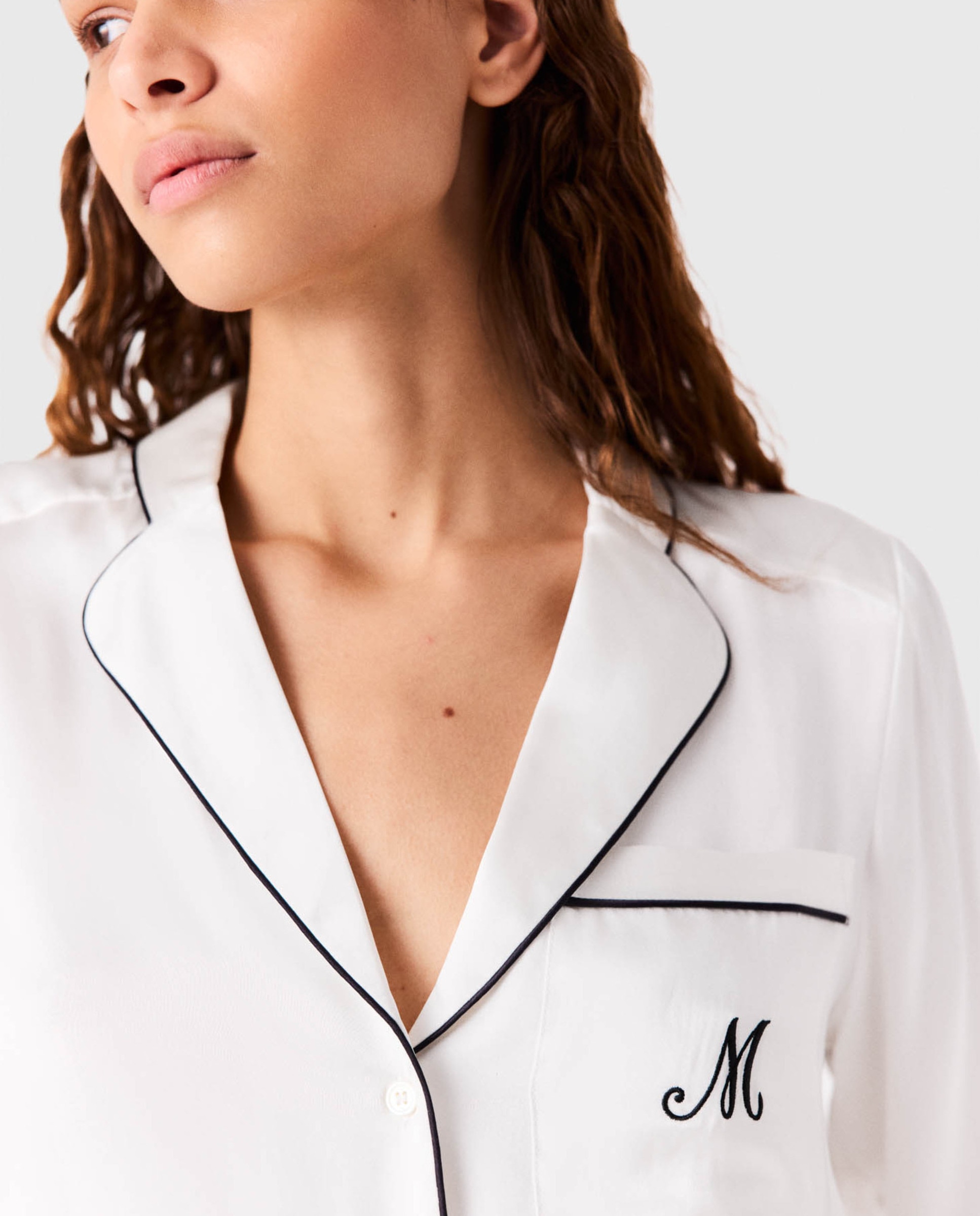 Camisa de mujer 100% seda recta con bordado y ribete contraste - Maje - Blanco Blanco-5