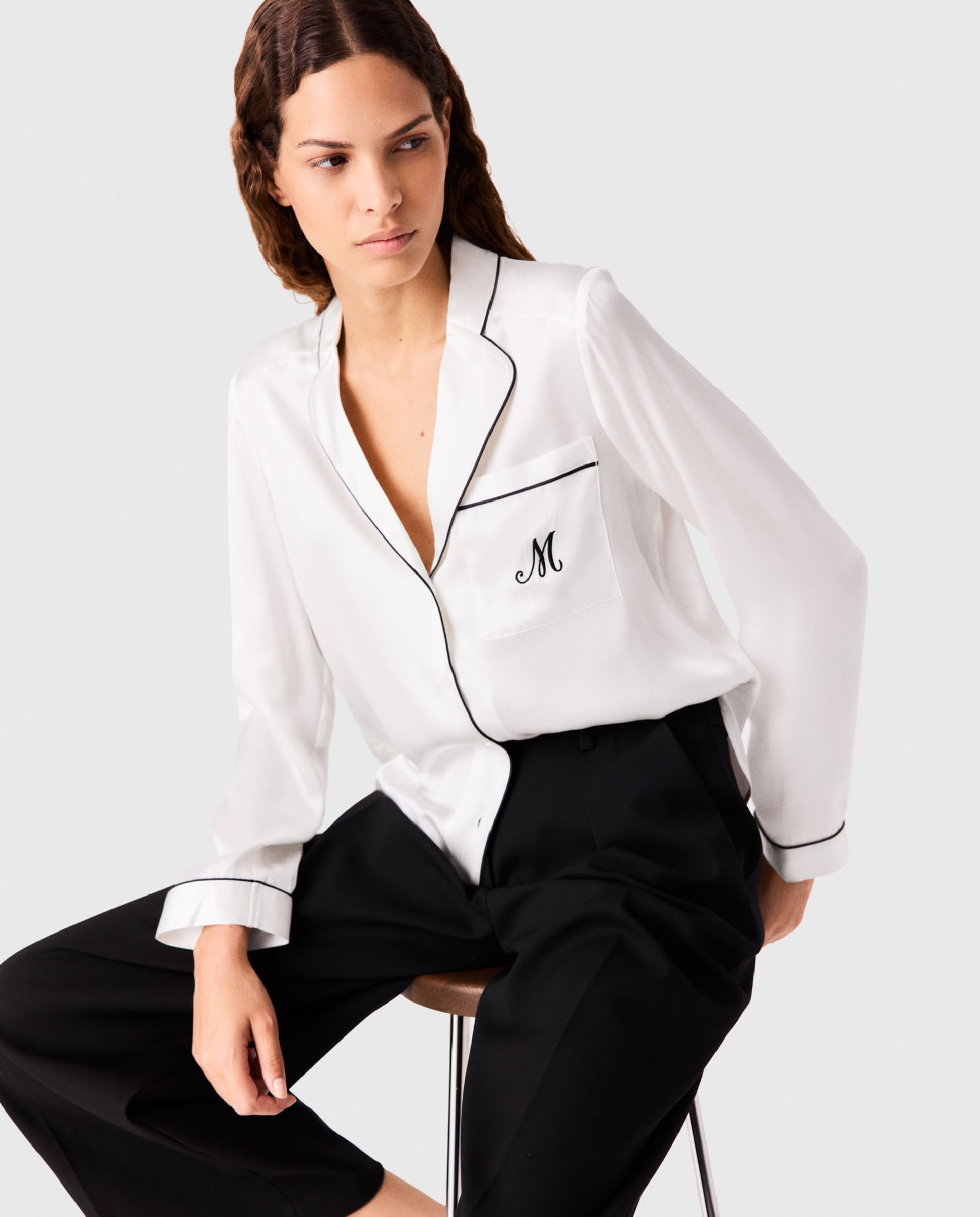 Camisa de mujer 100% seda recta con bordado y ribete contraste - Maje - Blanco Blanco-6