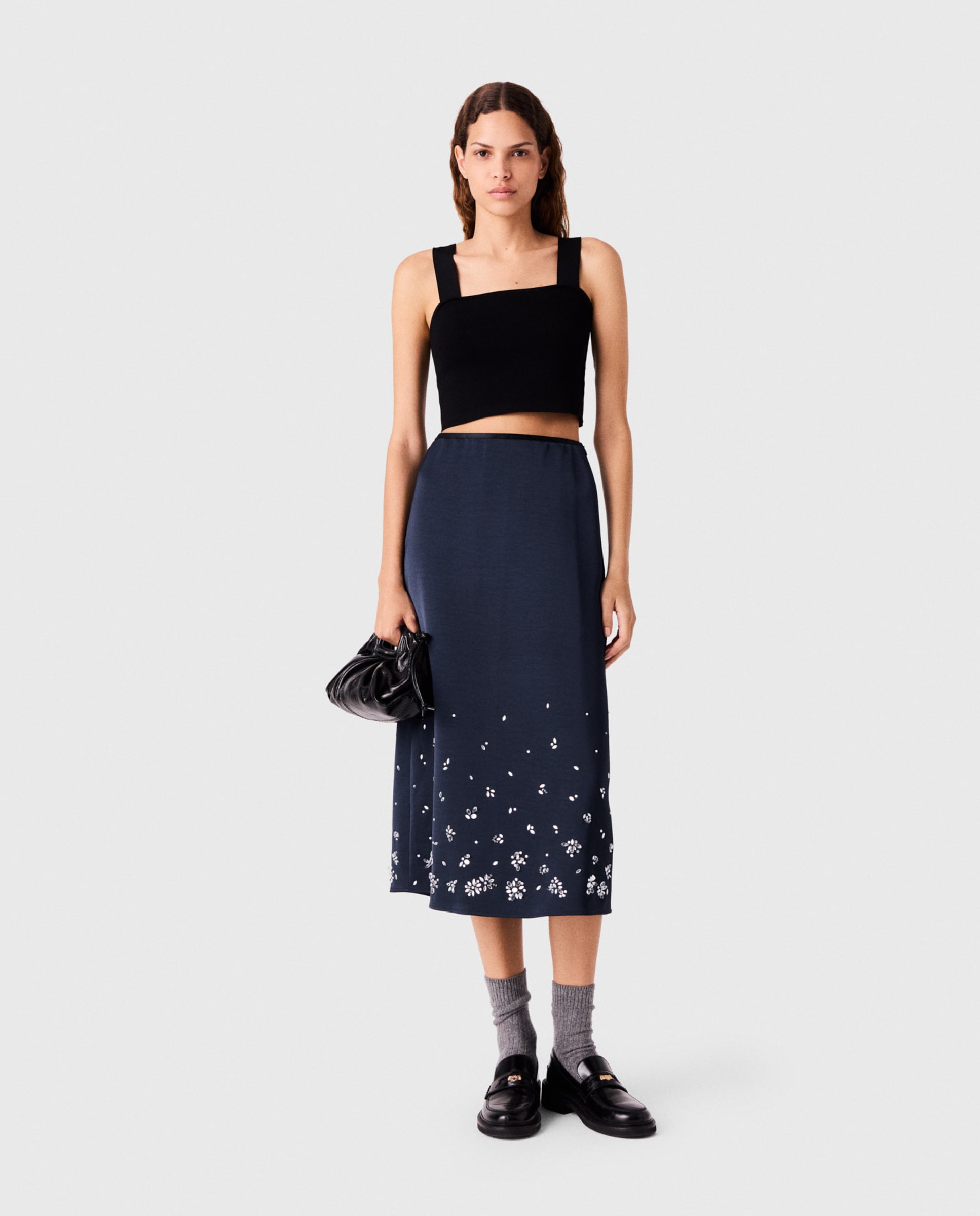 Falda midi recta de satén con bordados florales - Maje - Azul marino Azul marino-1