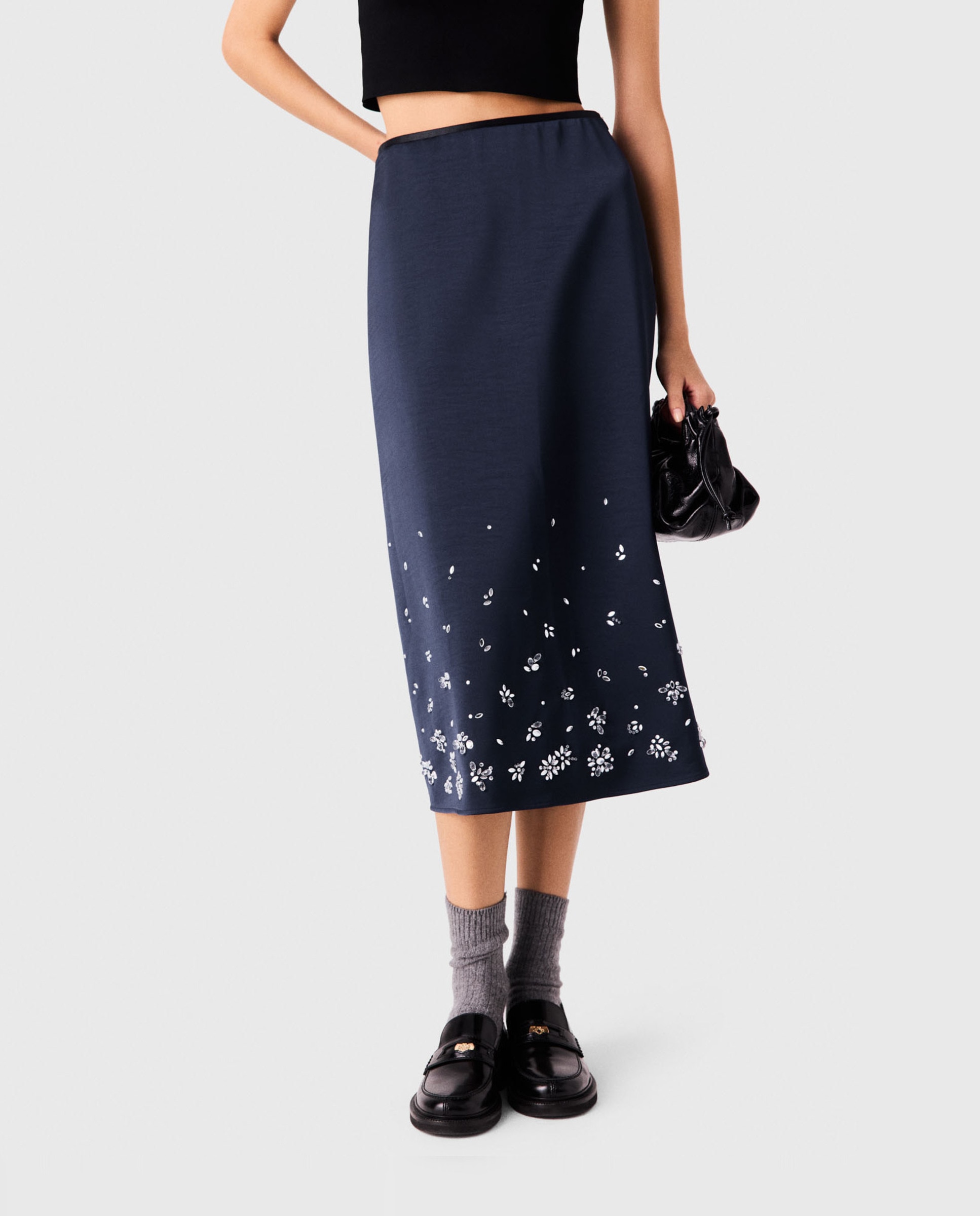 Falda midi recta de satén con bordados florales - Maje - Azul marino Azul marino-2