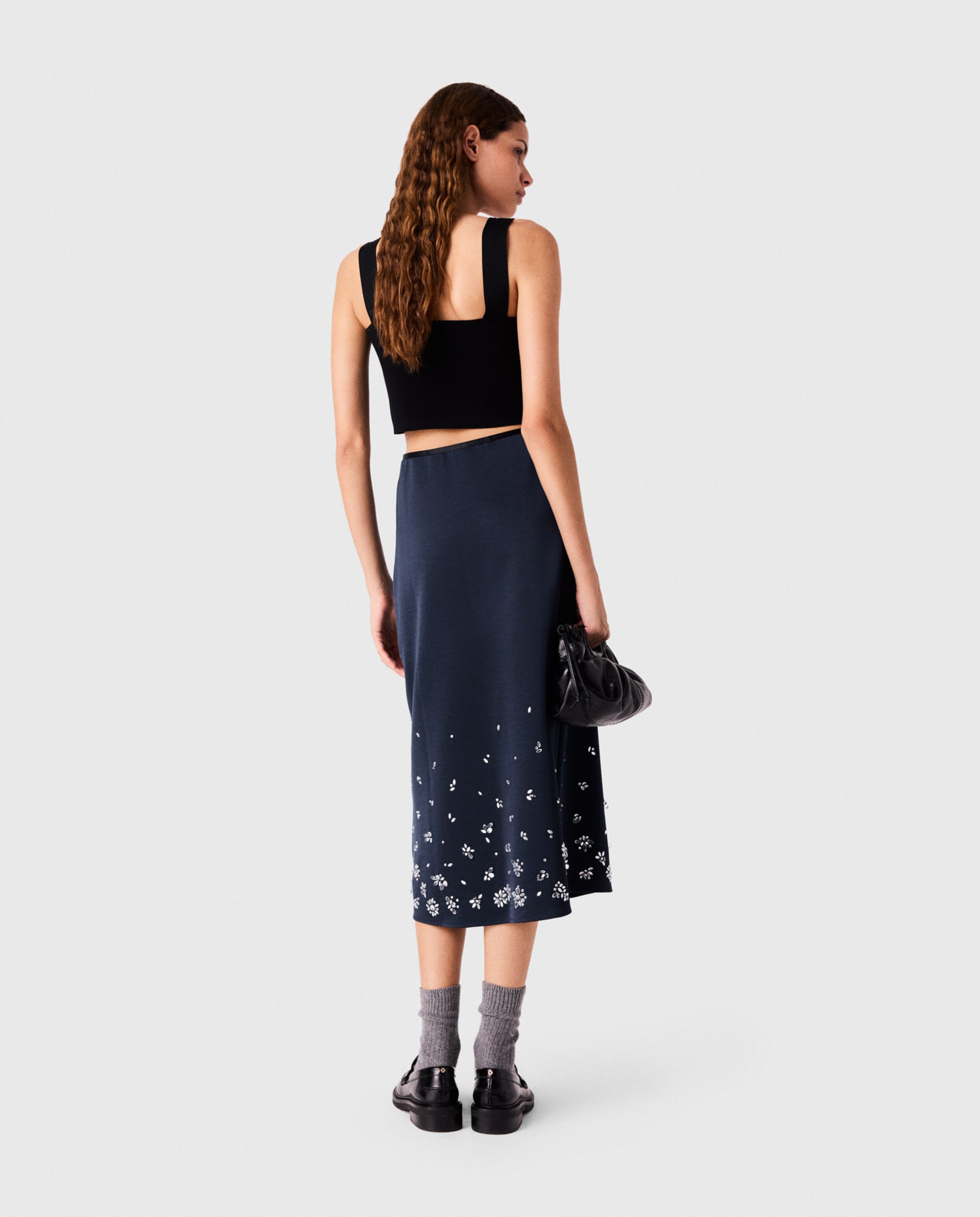 Falda midi recta de satén con bordados florales - Maje - Azul marino Azul marino-3