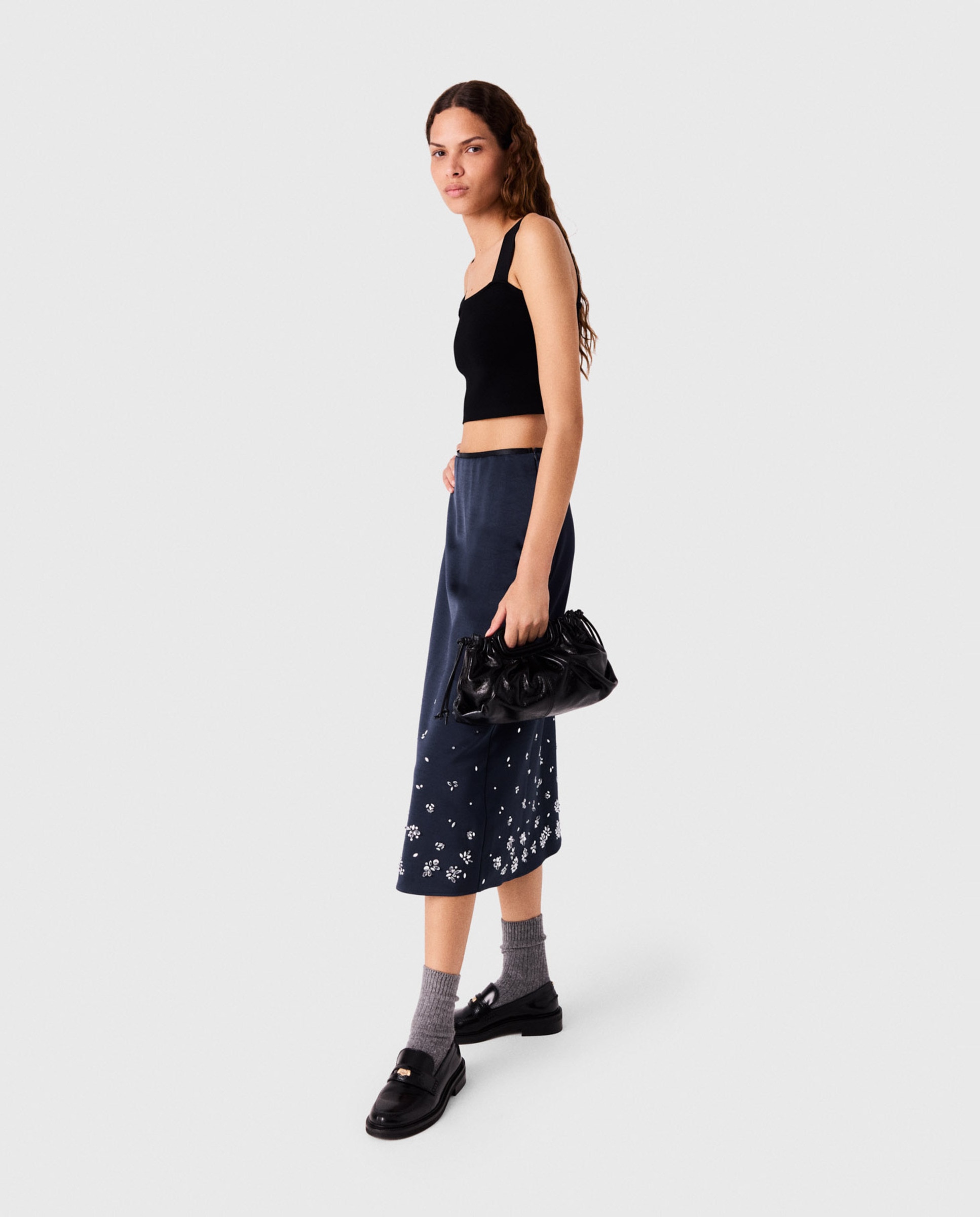 Falda midi recta de satén con bordados florales - Maje - Azul marino Azul marino-4