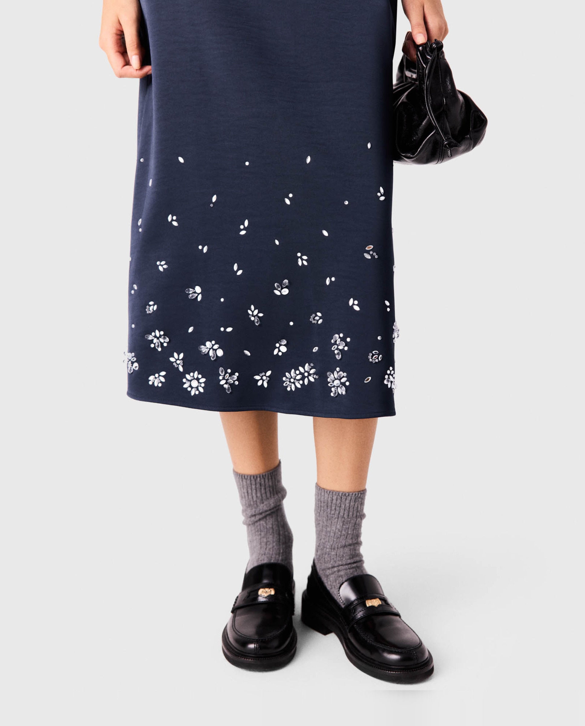 Falda midi recta de satén con bordados florales - Maje - Azul marino Azul marino-5