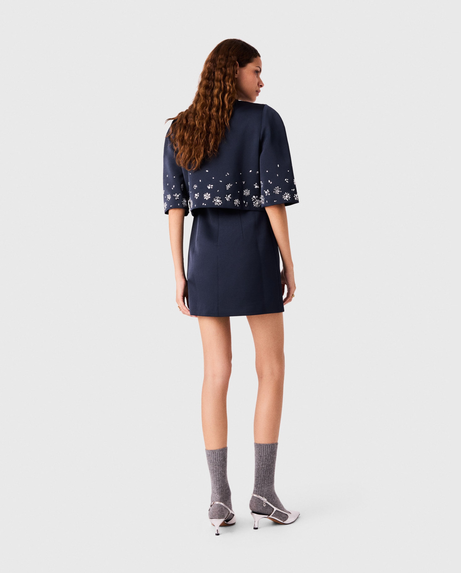 Chaqueta de mujer corta de satén con bordado floral de strass - Maje - Azul marino Azul marino-2