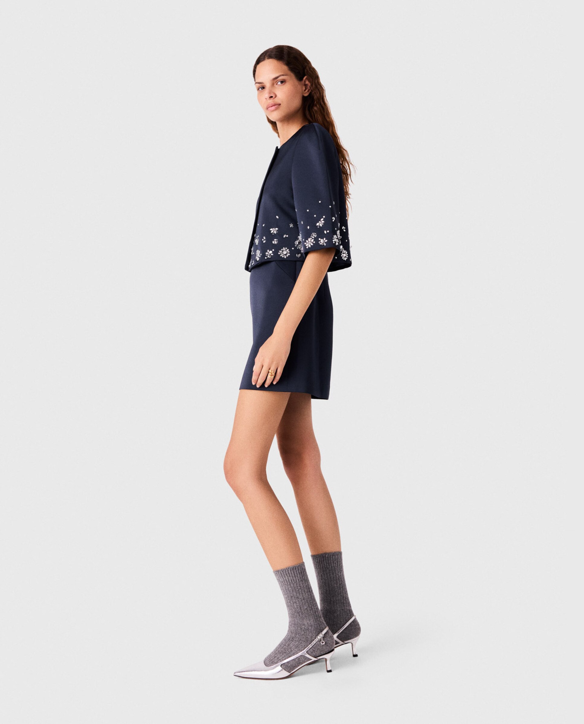 Chaqueta de mujer corta de satén con bordado floral de strass - Maje - Azul marino Azul marino-3