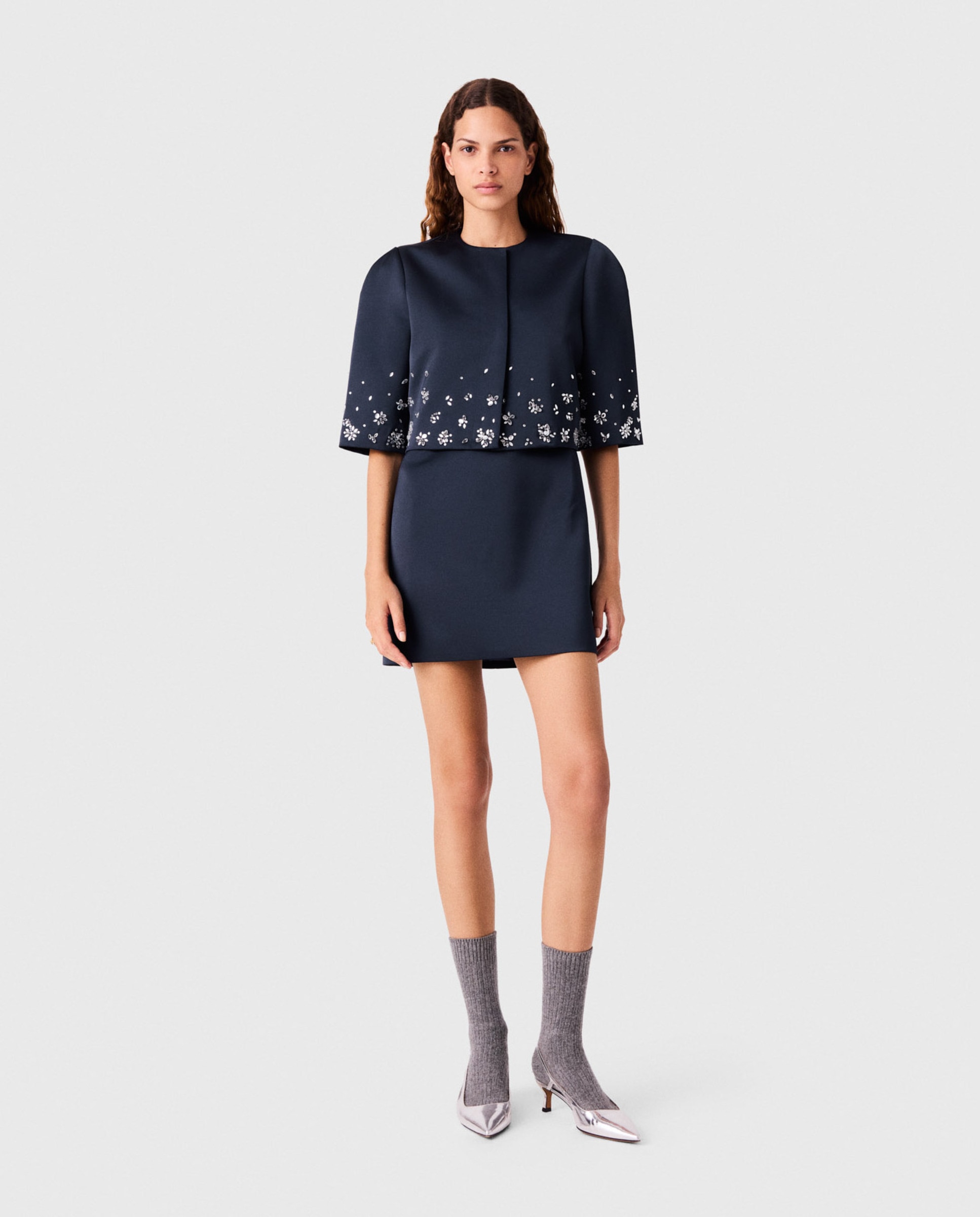 Chaqueta de mujer corta de satén con bordado floral de strass - Maje - Azul marino Azul marino-4