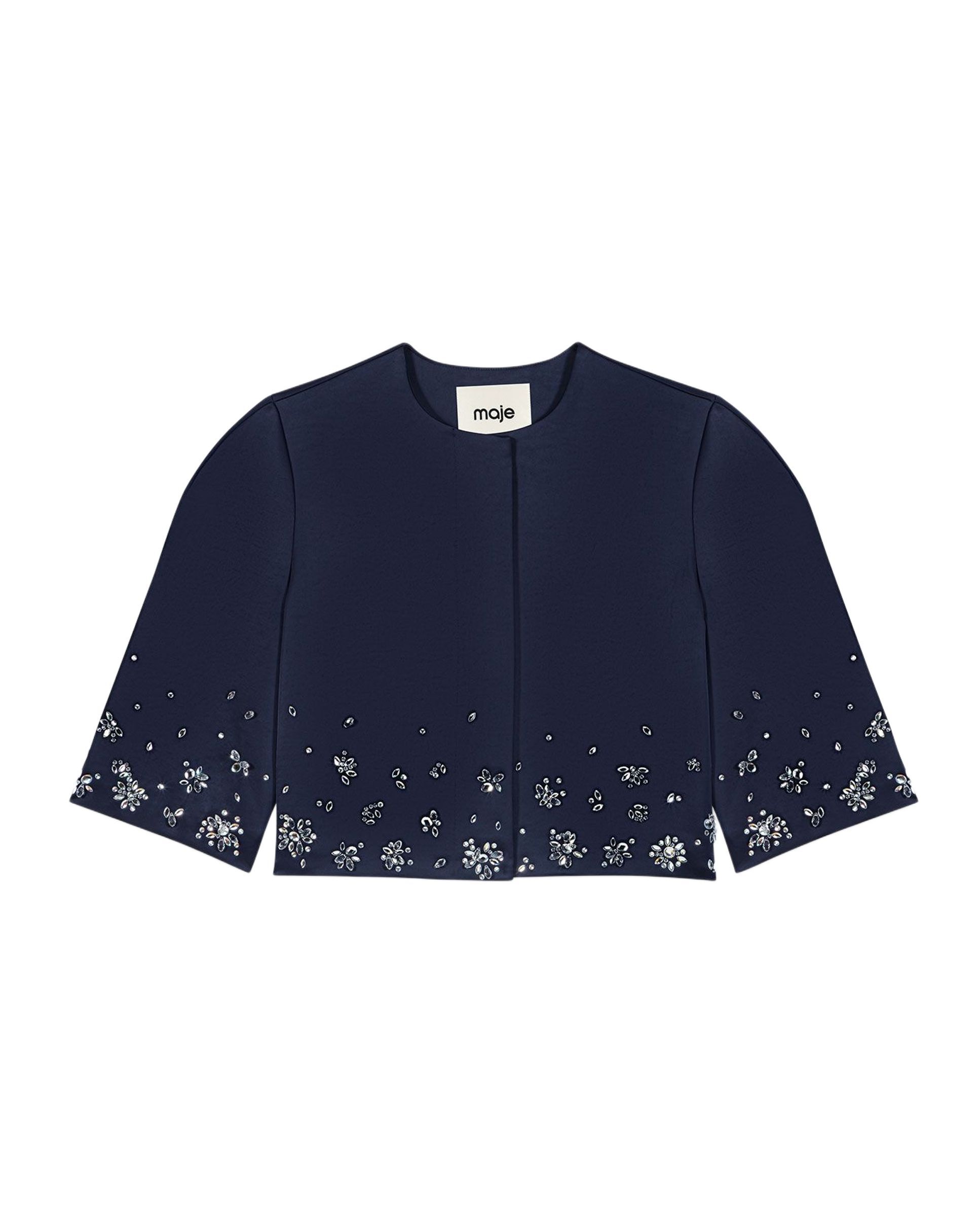 Chaqueta de mujer corta de satén con bordado floral de strass - Maje - Azul marino Azul marino-8