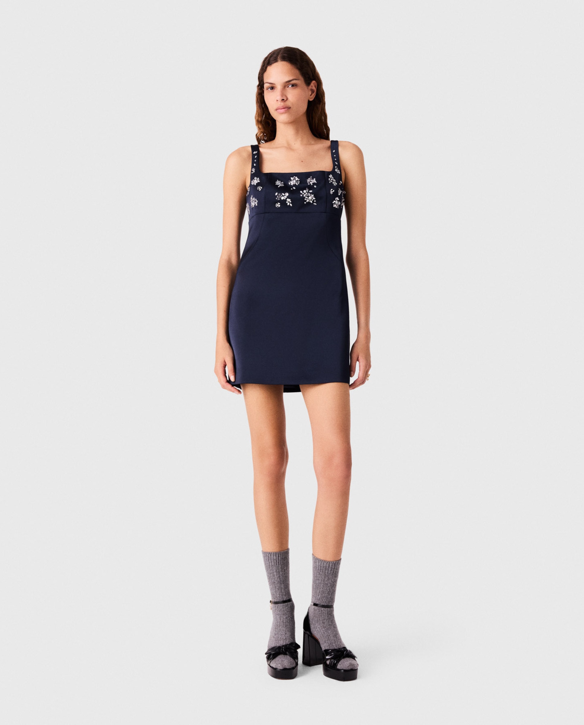 Vestido corto bordado con strass y escote cuadrado - Maje - Azul marino Azul marino-1