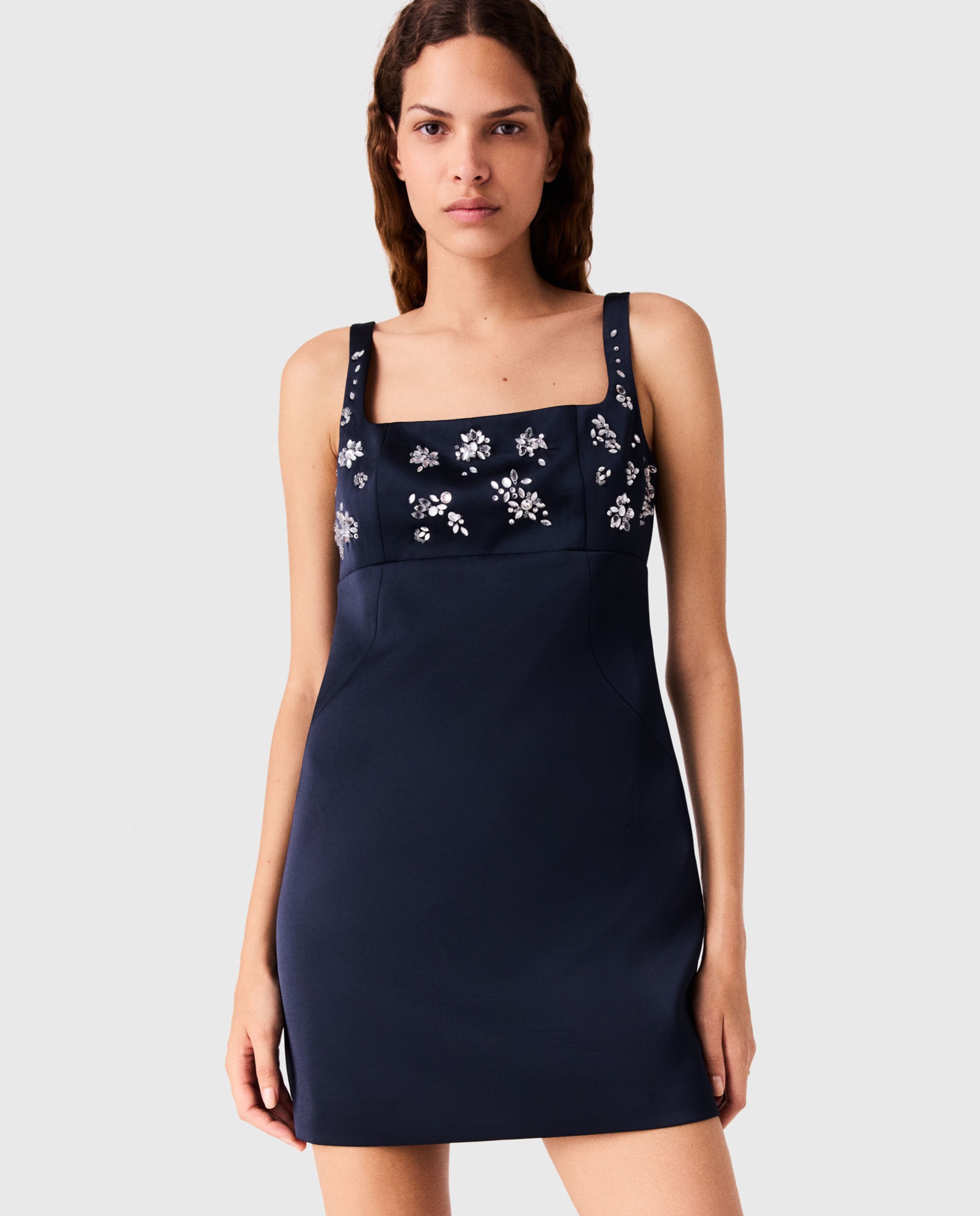 Vestido corto bordado con strass y escote cuadrado - Maje - Azul marino Azul marino-5