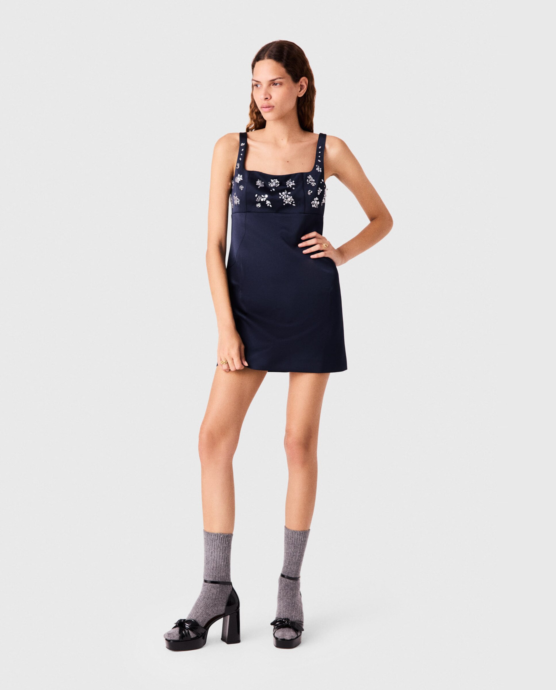 Vestido corto bordado con strass y escote cuadrado - Maje - Azul marino Azul marino-8