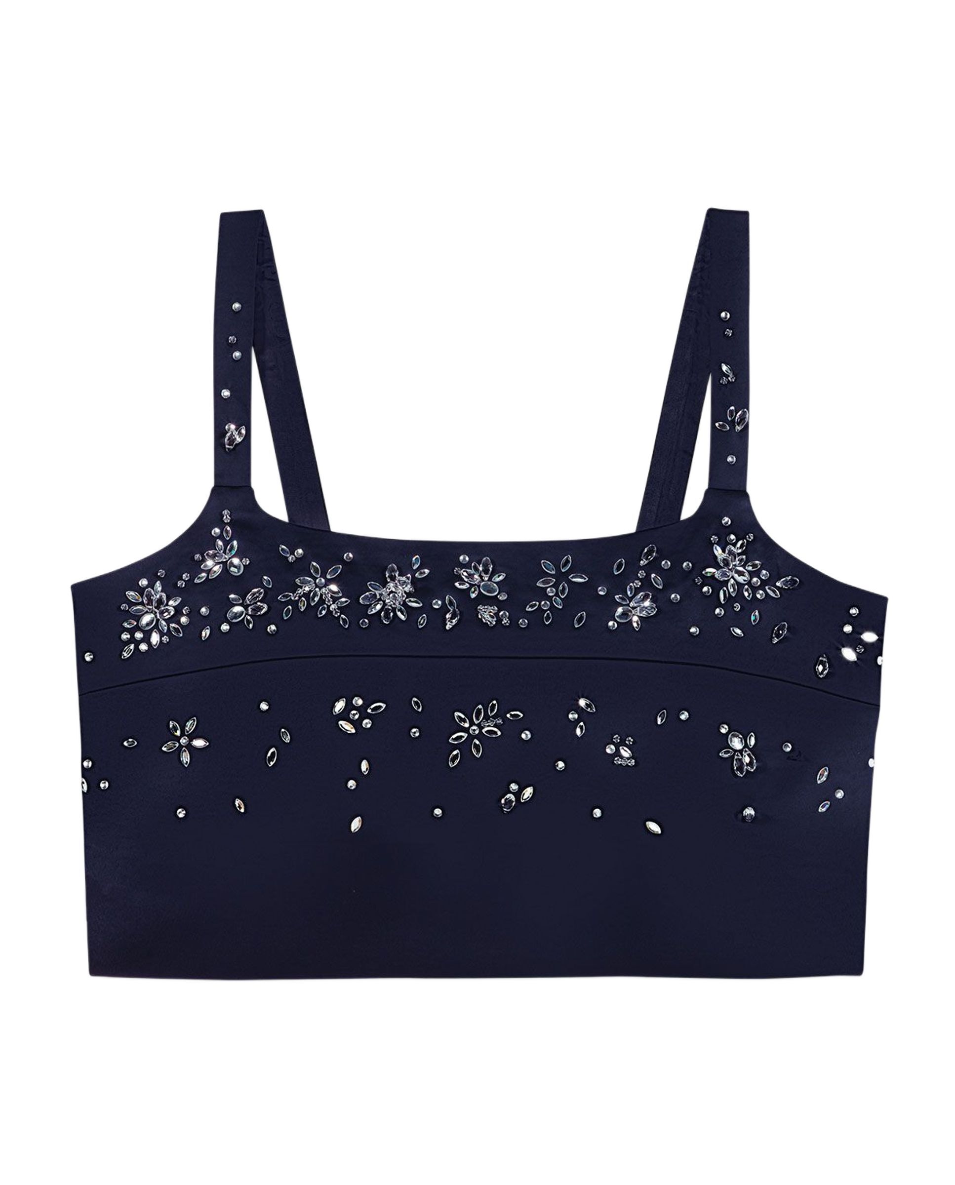 Top corto de mujer de satén con bordados florales de strass - Maje - Azul marino Azul marino-7