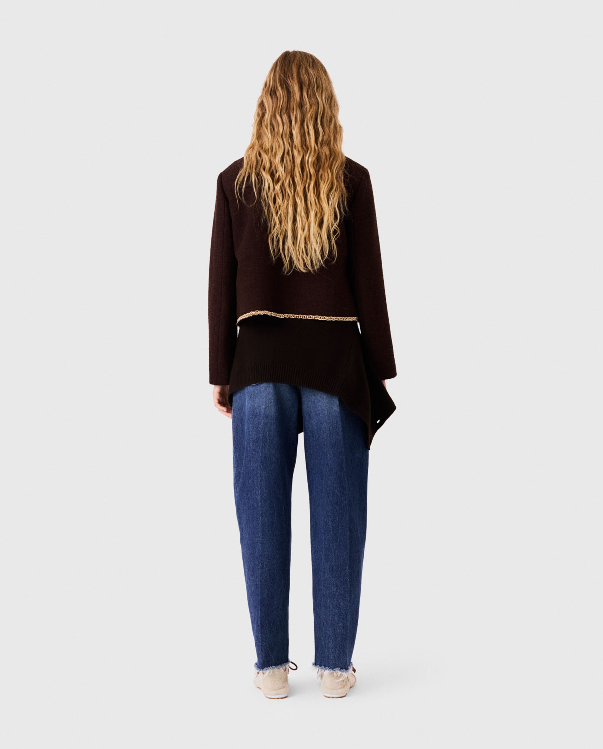 Chaqueta corta de mujer de tweed con ribete de cadena - Maje - Marrón oscuro Marrón oscuro-2