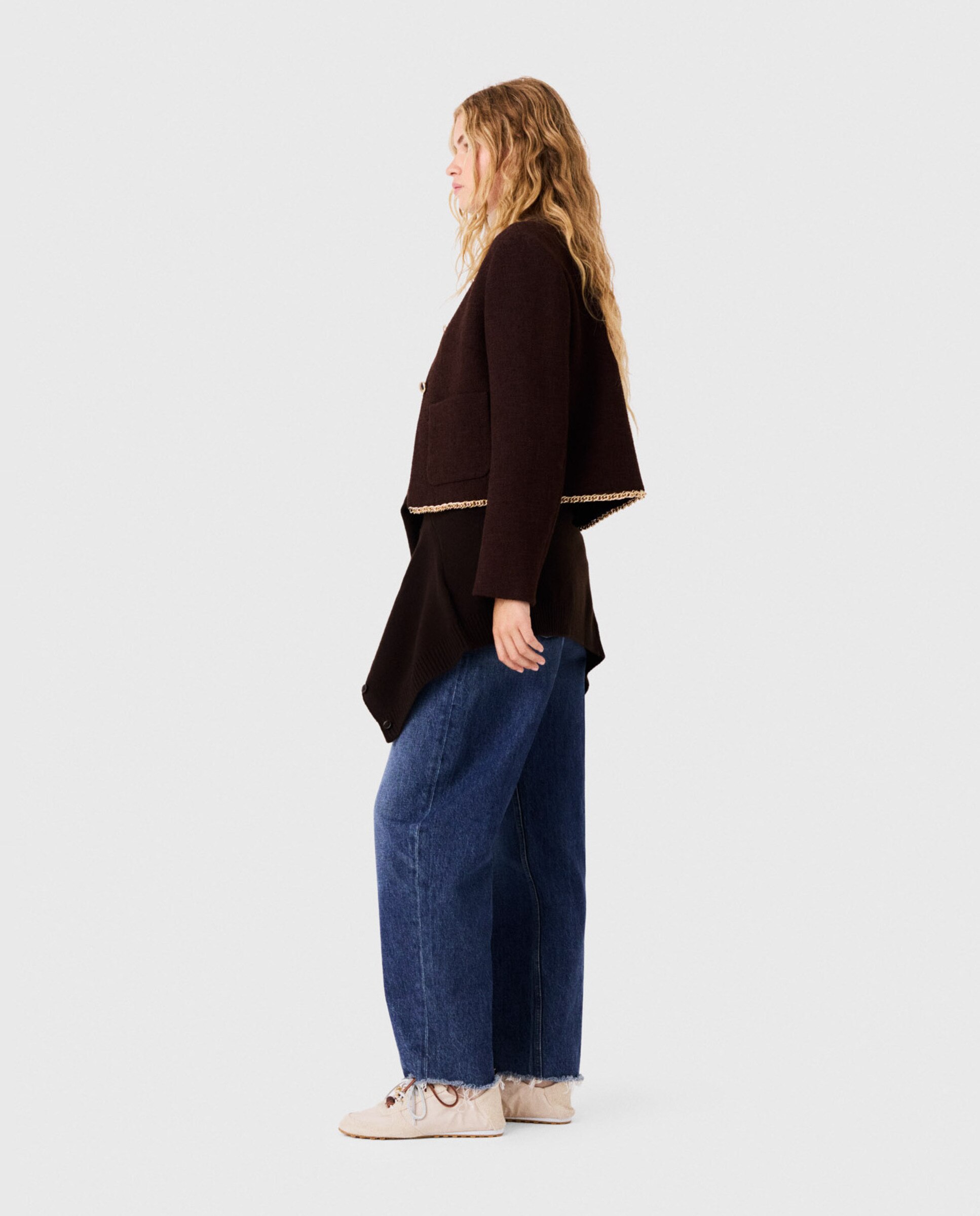 Chaqueta corta de mujer de tweed con ribete de cadena - Maje - Marrón oscuro Marrón oscuro-3