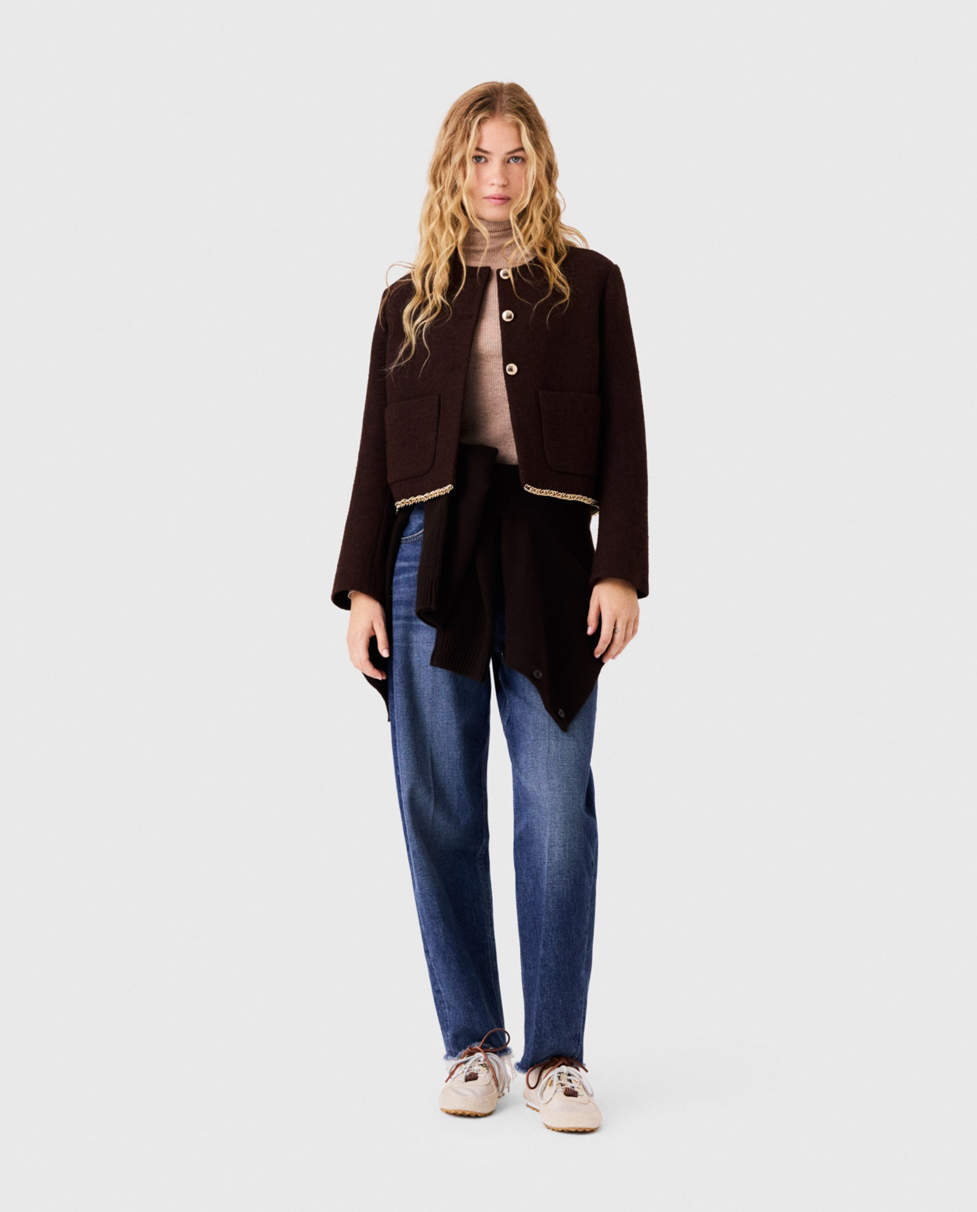 Chaqueta corta de mujer de tweed con ribete de cadena - Maje - Marrón oscuro Marrón oscuro-4