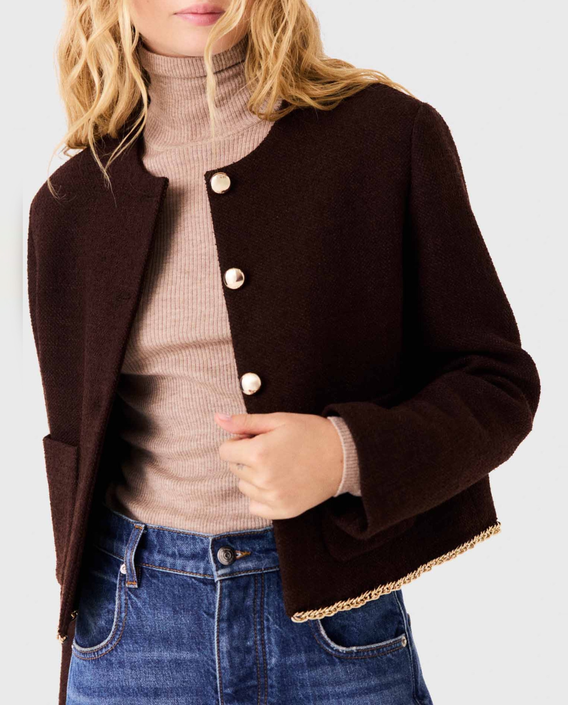 Chaqueta corta de mujer de tweed con ribete de cadena - Maje - Marrón oscuro Marrón oscuro-5