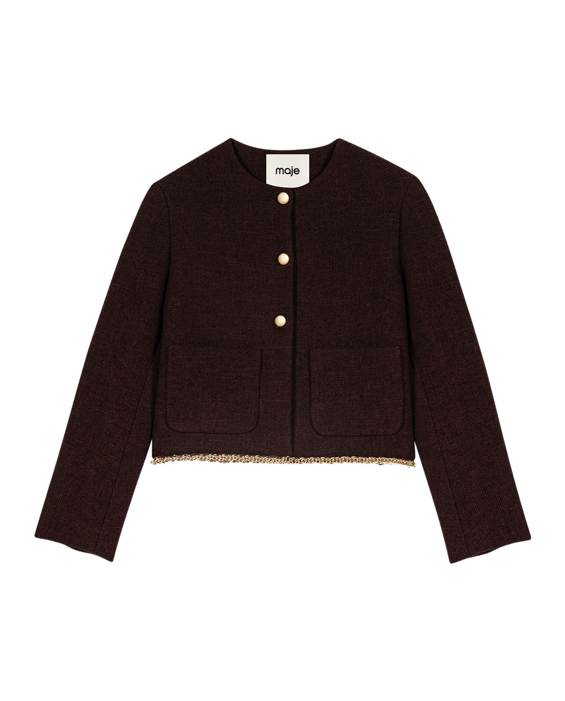 Chaqueta corta de mujer de tweed con ribete de cadena - Maje - Marrón oscuro Marrón oscuro-8