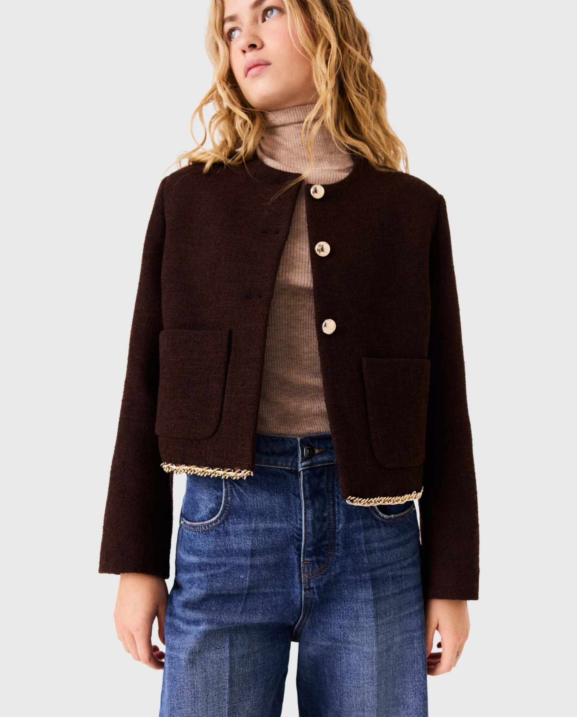 Chaqueta corta de mujer de tweed con ribete de cadena - Maje - Marrón oscuro Marrón oscuro-6