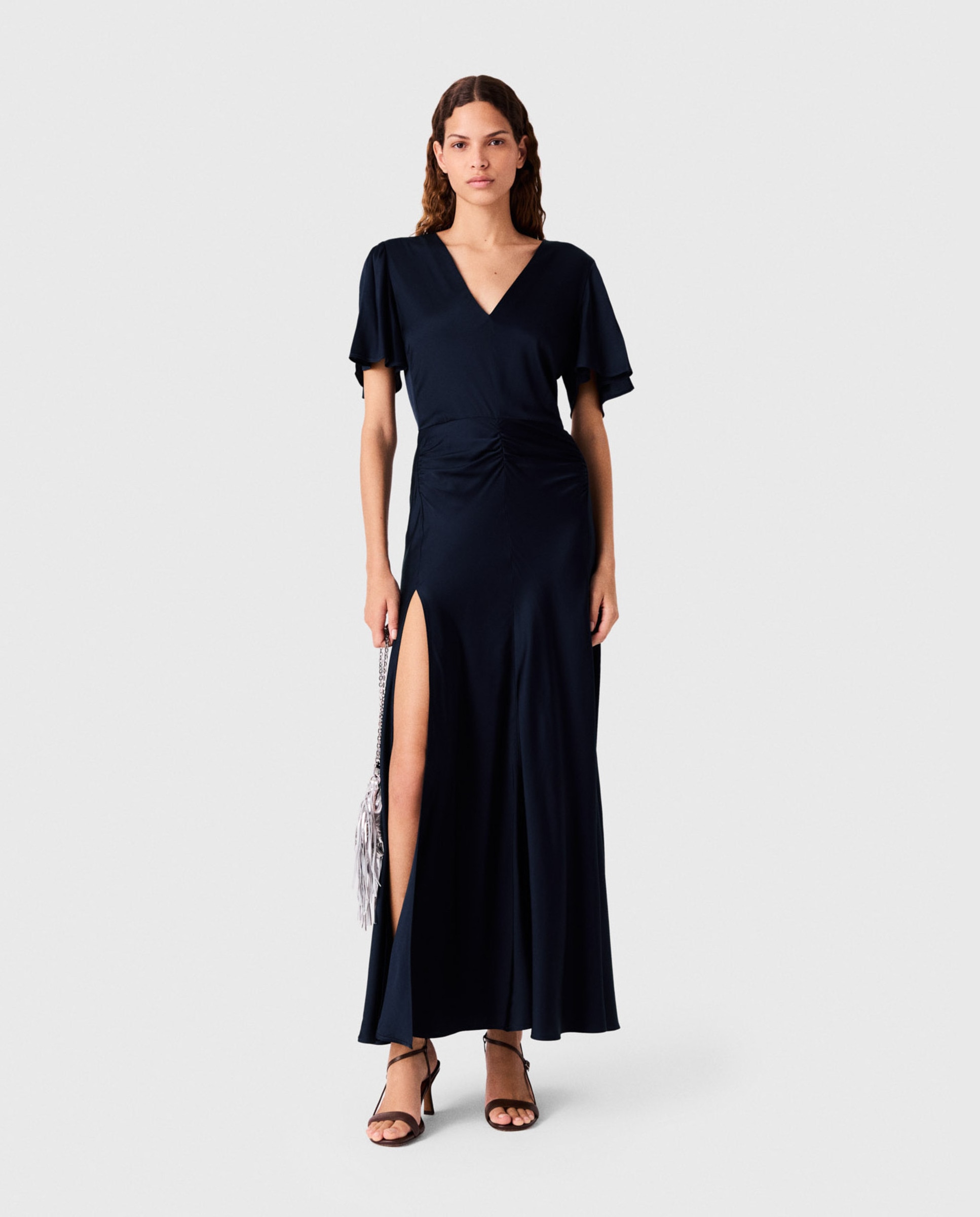 Vestido largo drapeado de satén - Maje - Azul marino Azul marino-1