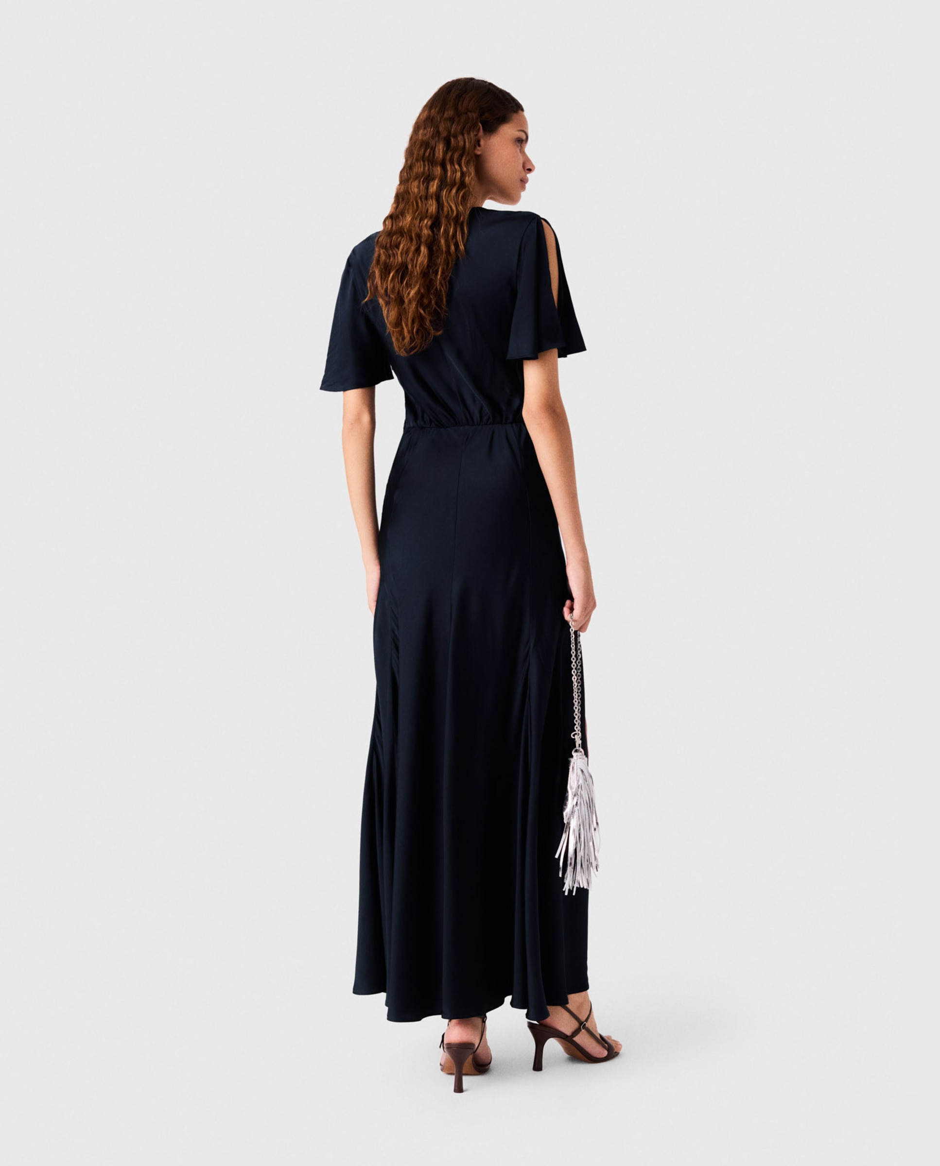 Vestido largo drapeado de satén - Maje - Azul marino Azul marino-3
