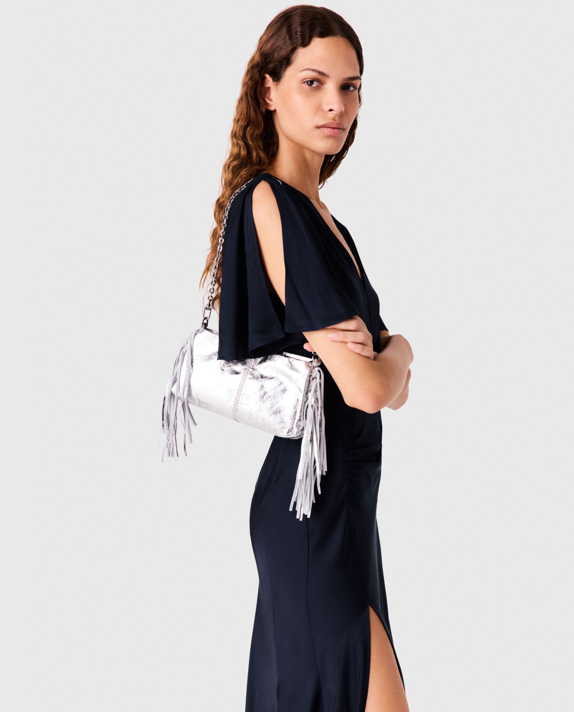 Vestido largo drapeado de satén - Maje - Azul marino Azul marino-5