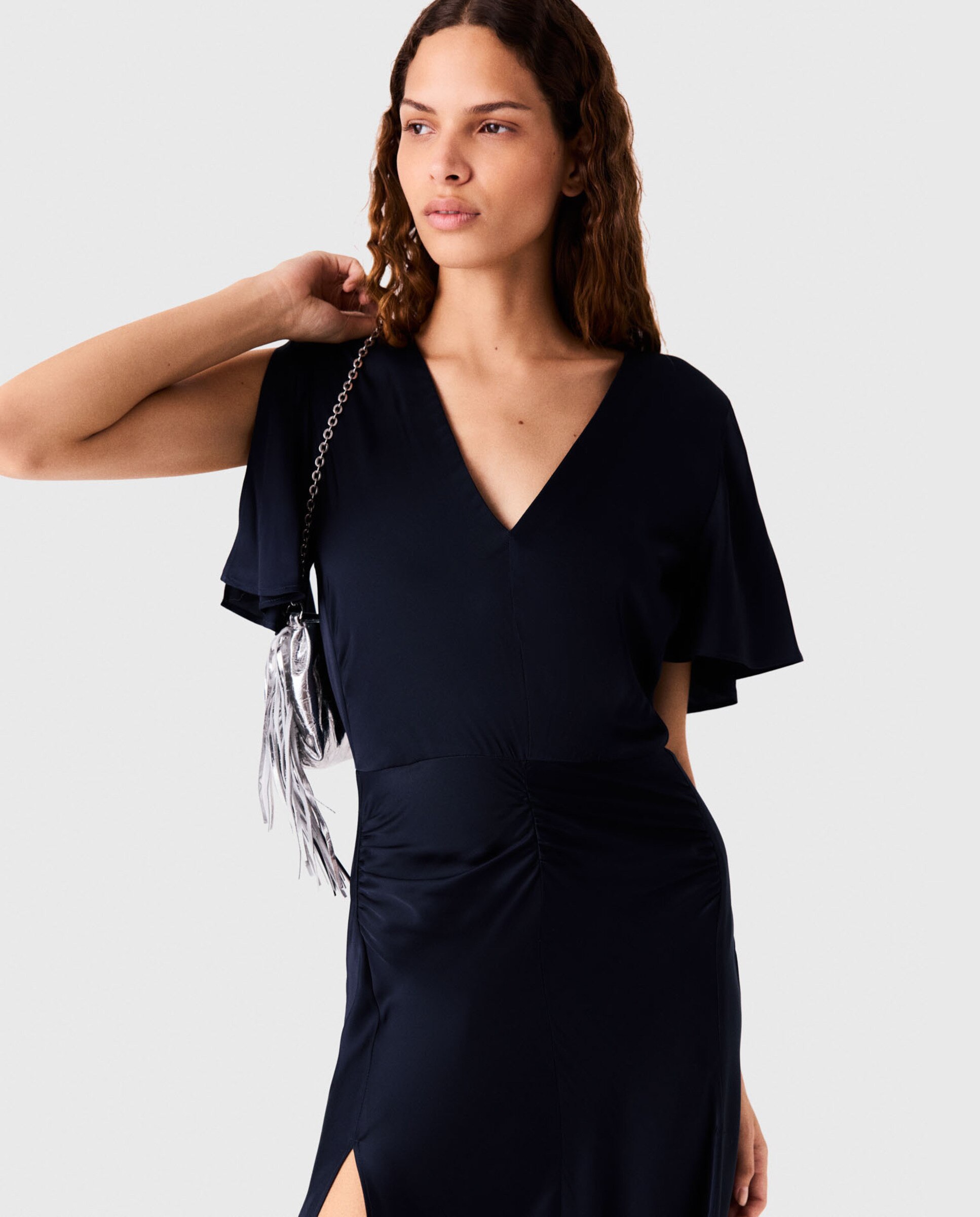 Vestido largo drapeado de satén - Maje - Azul marino Azul marino-6