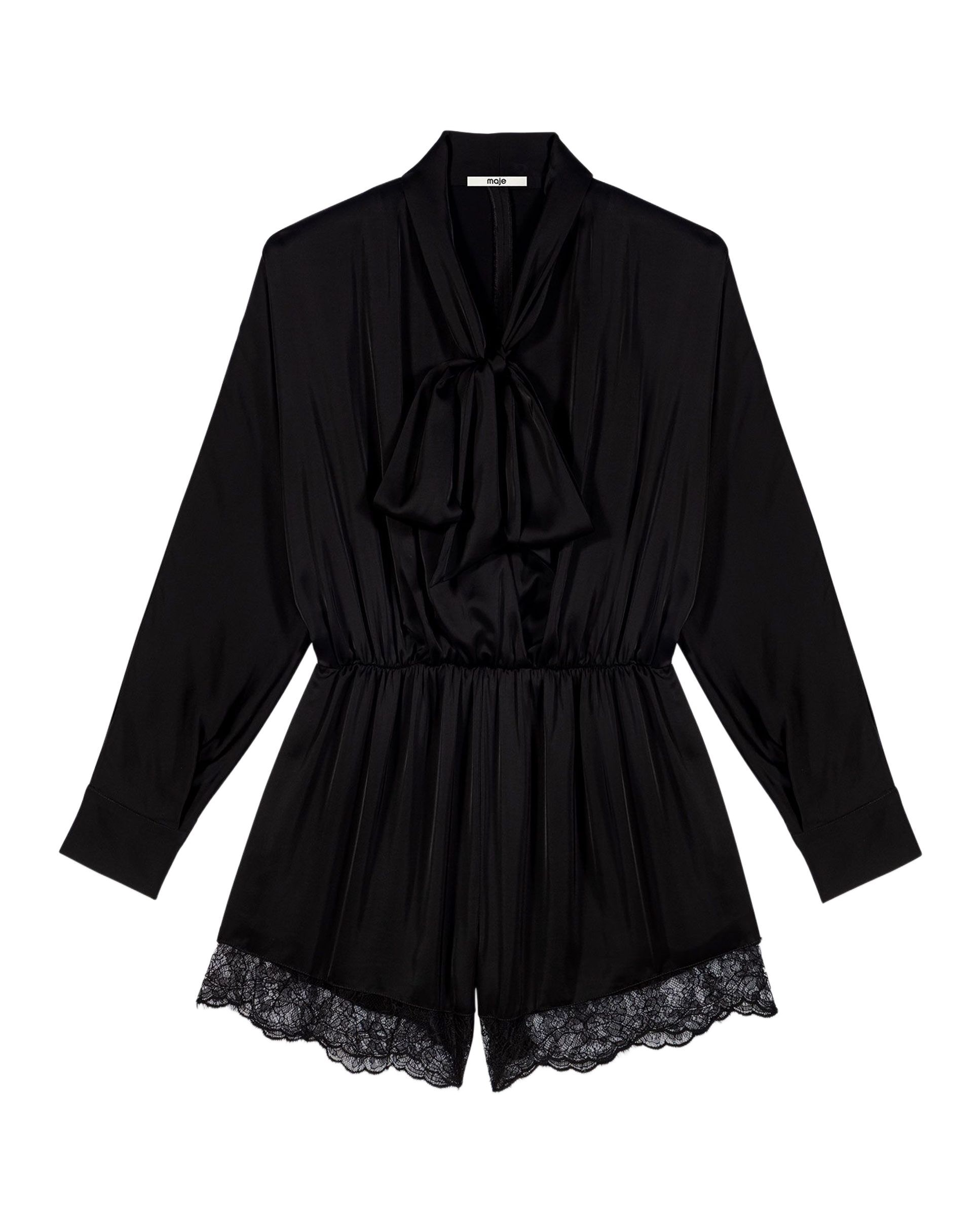 Mono de mujer corto fluido con encaje y lazo lavallière - Maje - Negro Negro-8