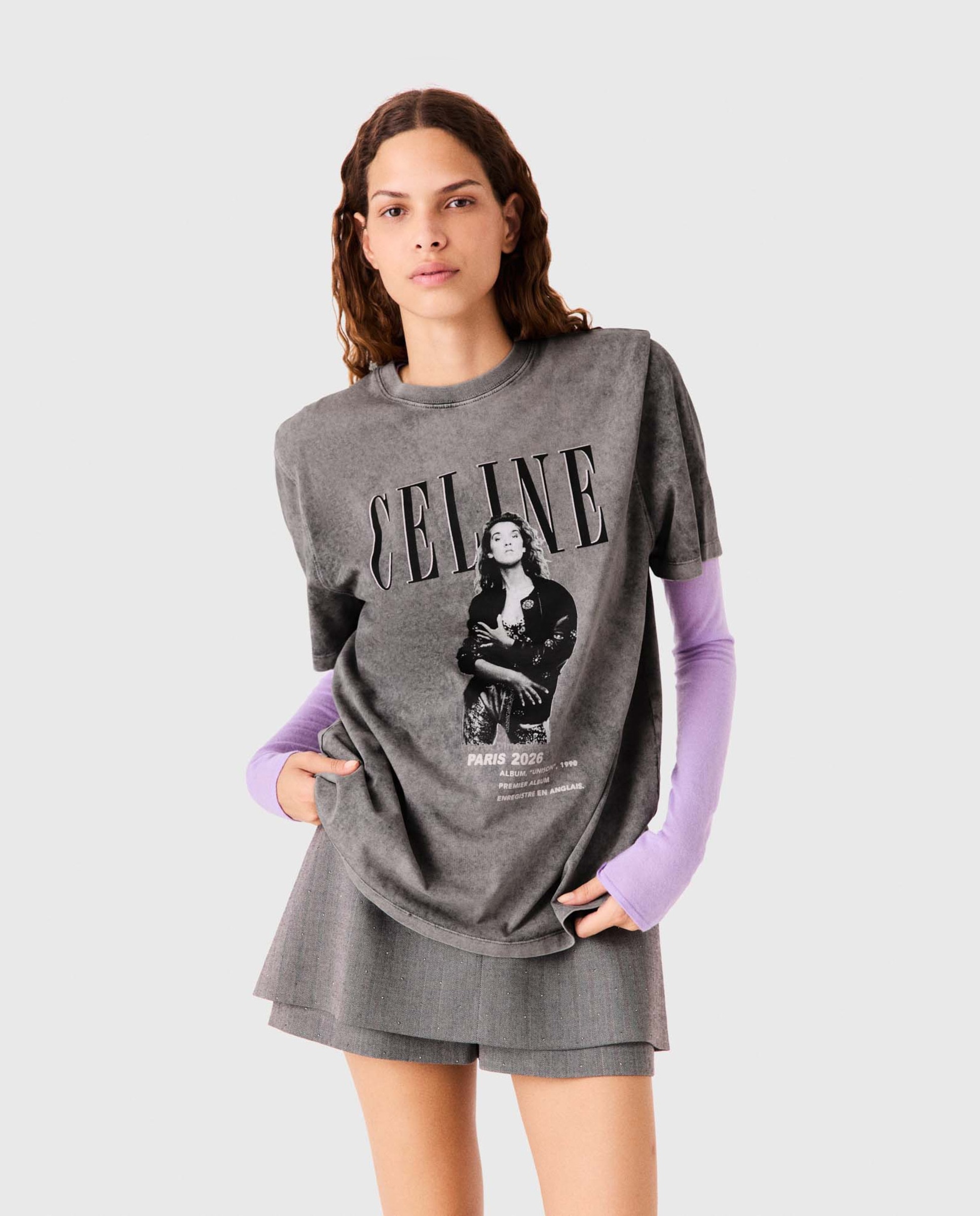 Camiseta de mujer con efecto desteñido y estampado - Maje - Gris Gris-1