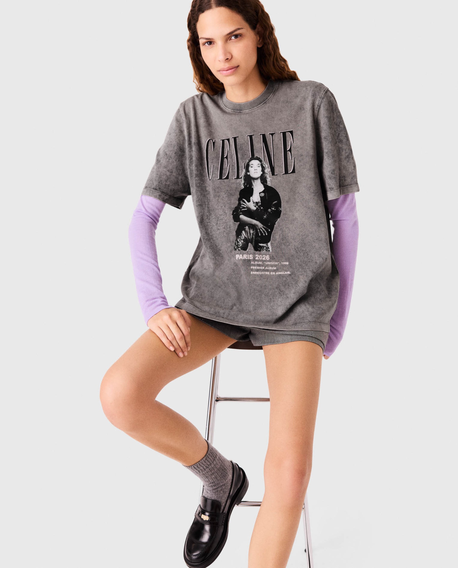 Camiseta de mujer con efecto desteñido y estampado - Maje - Gris Gris-6