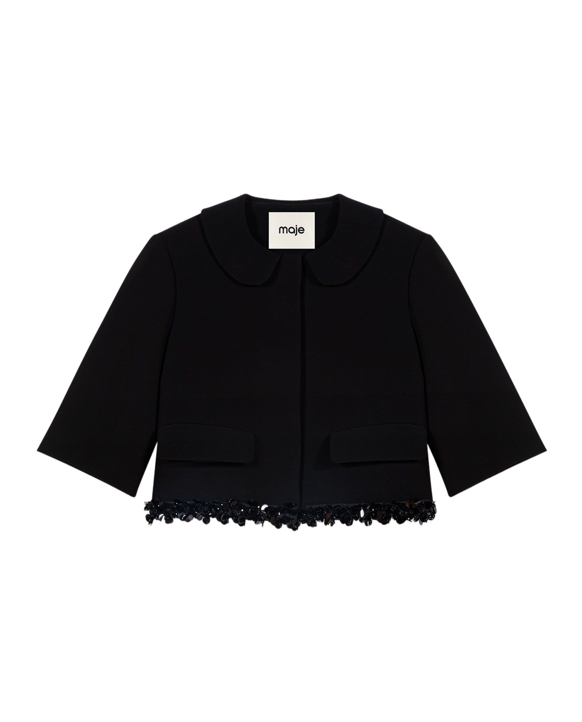 Imagen 8 de Chaqueta de mujer corta ajustada de crepé con ribete de perlas - Maje - Negro Negro