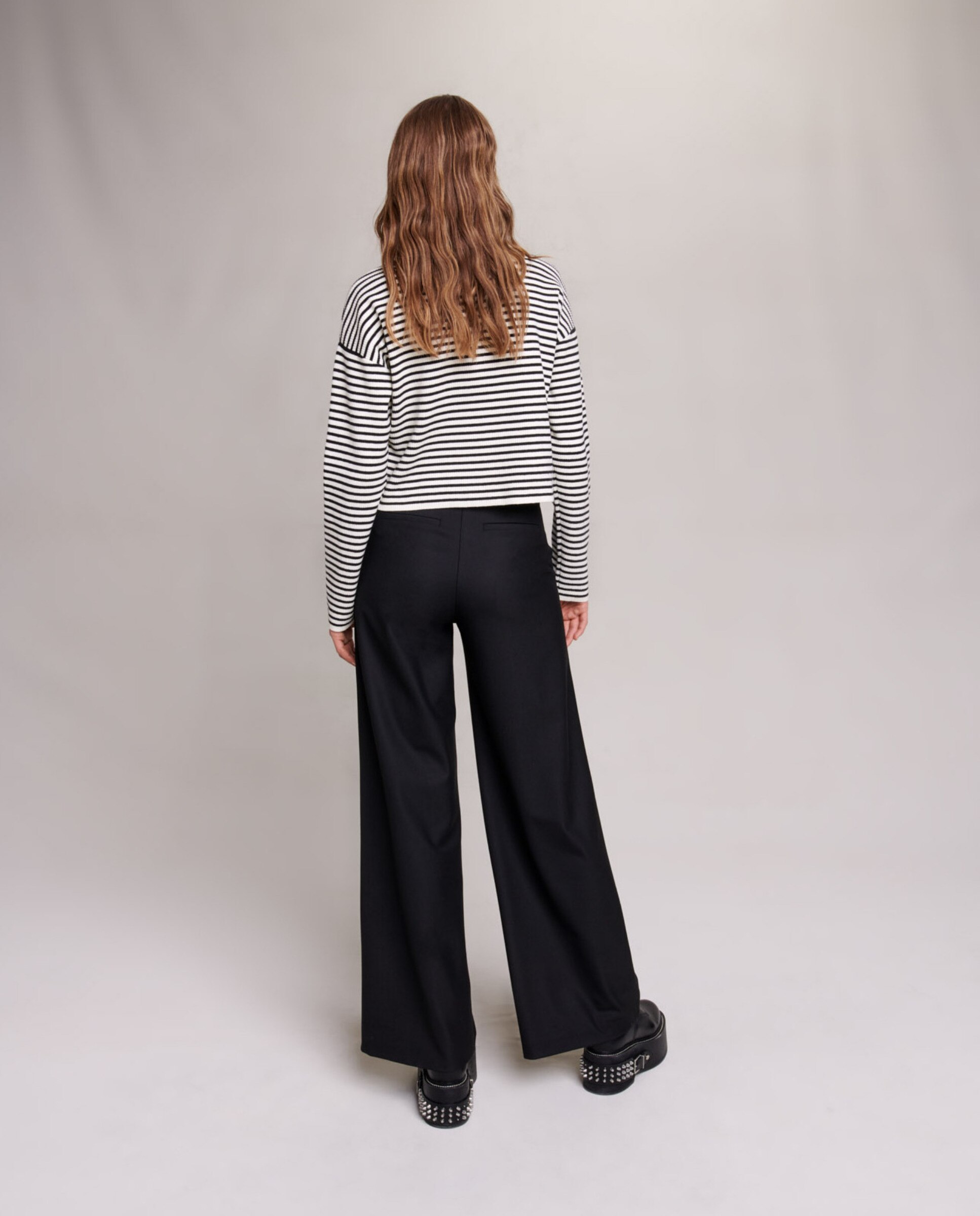 Pantalón de campana de mujer liso con bolsillos - Maje - Negro Negro-3
