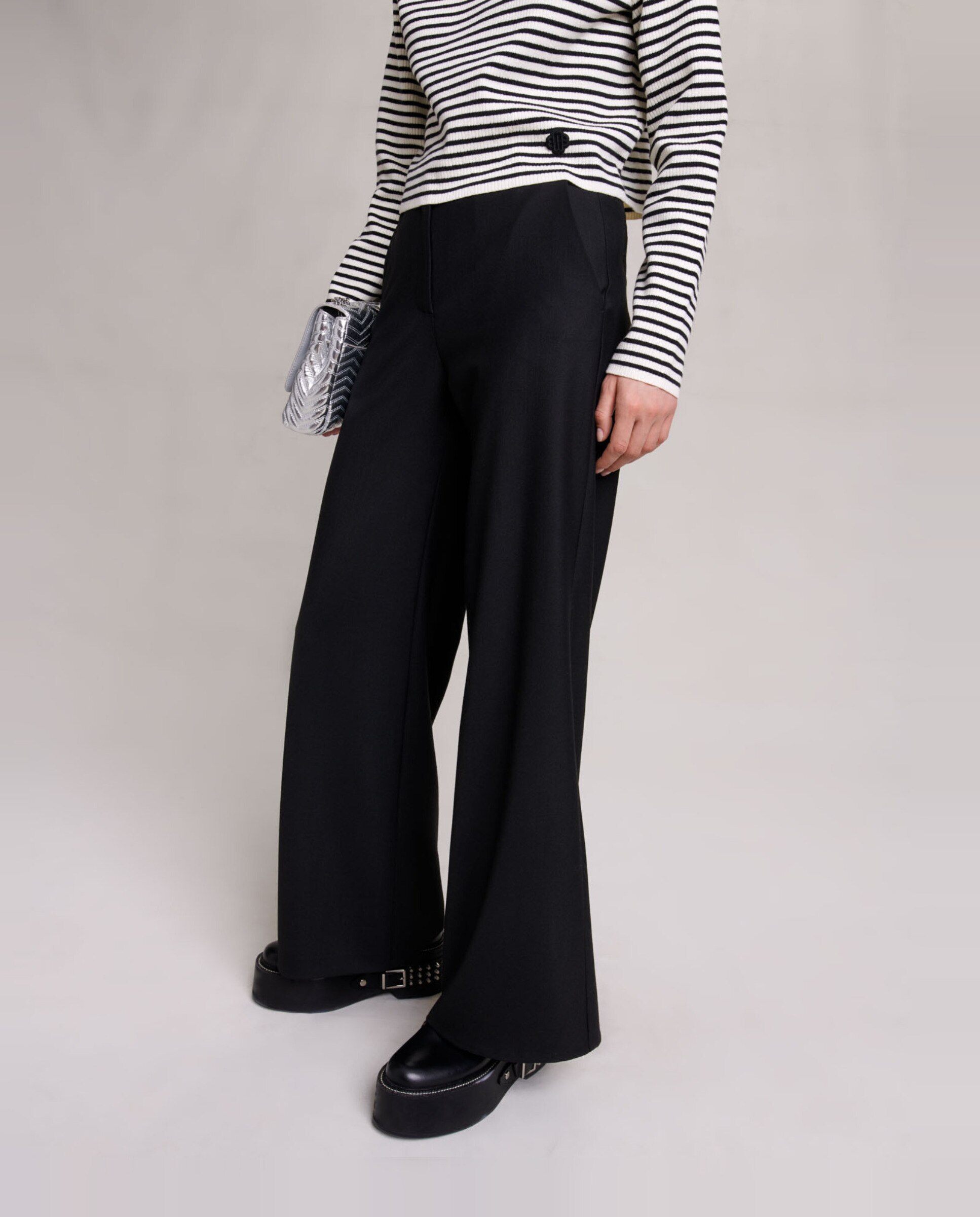 Pantalón de campana de mujer liso con bolsillos - Maje - Negro Negro-4