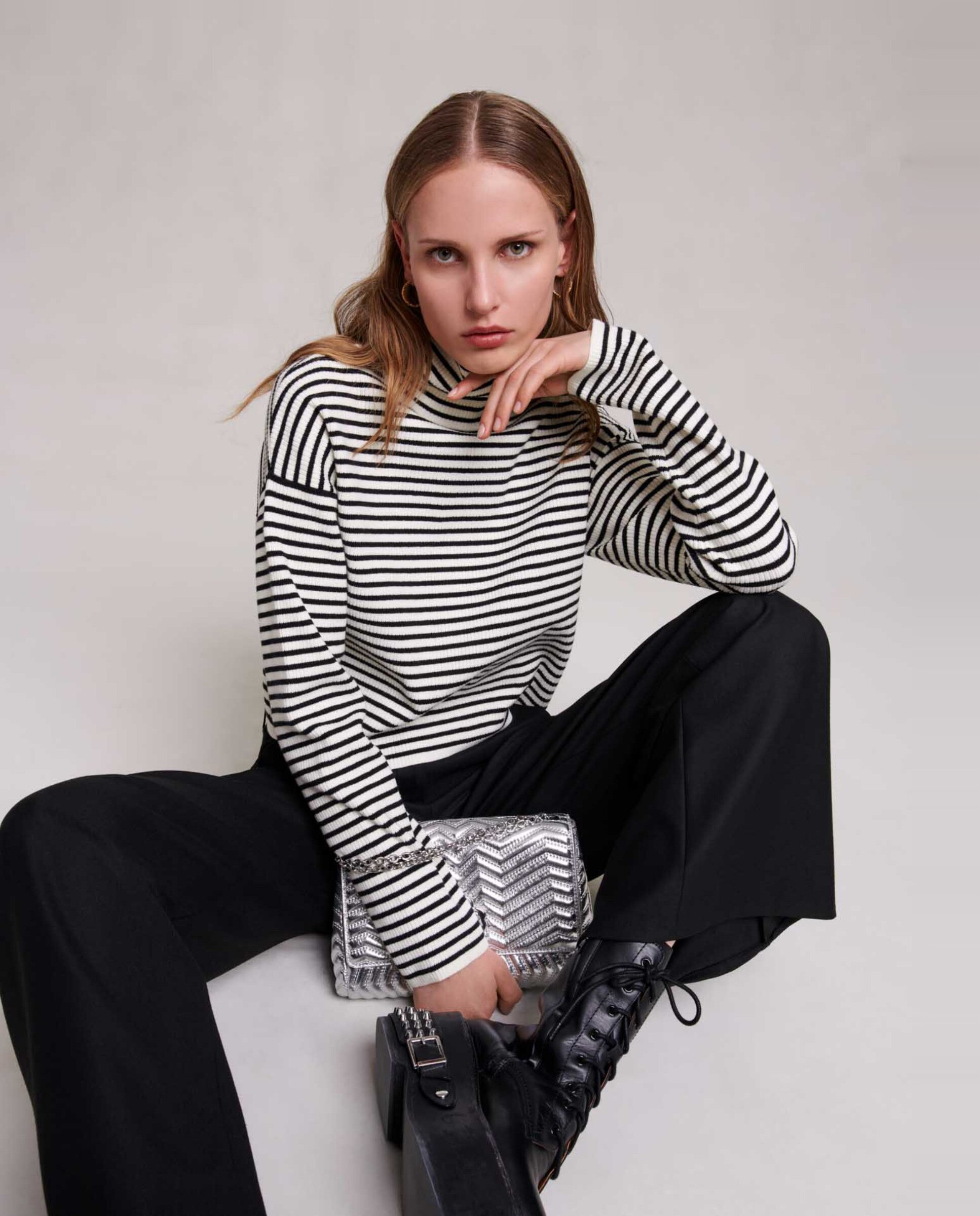 Pantalón de campana de mujer liso con bolsillos - Maje - Negro Negro-5