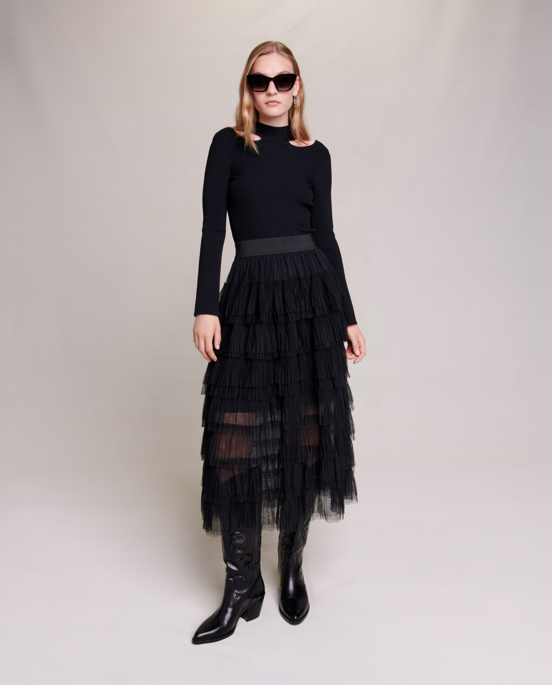 Maje - Falda midi con volantes de tul.