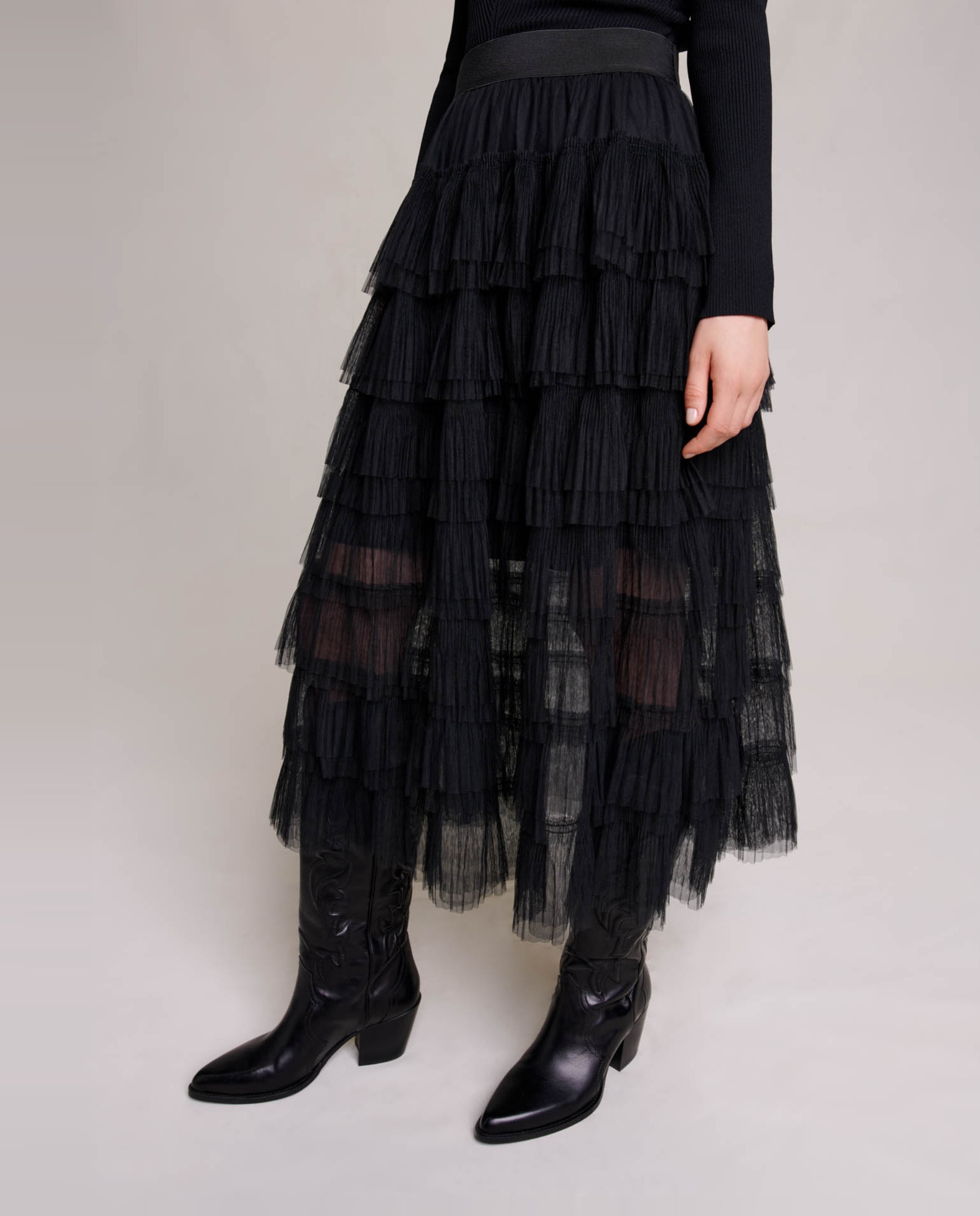 Falda midi con volantes de tul - Maje - Negro Negro-2