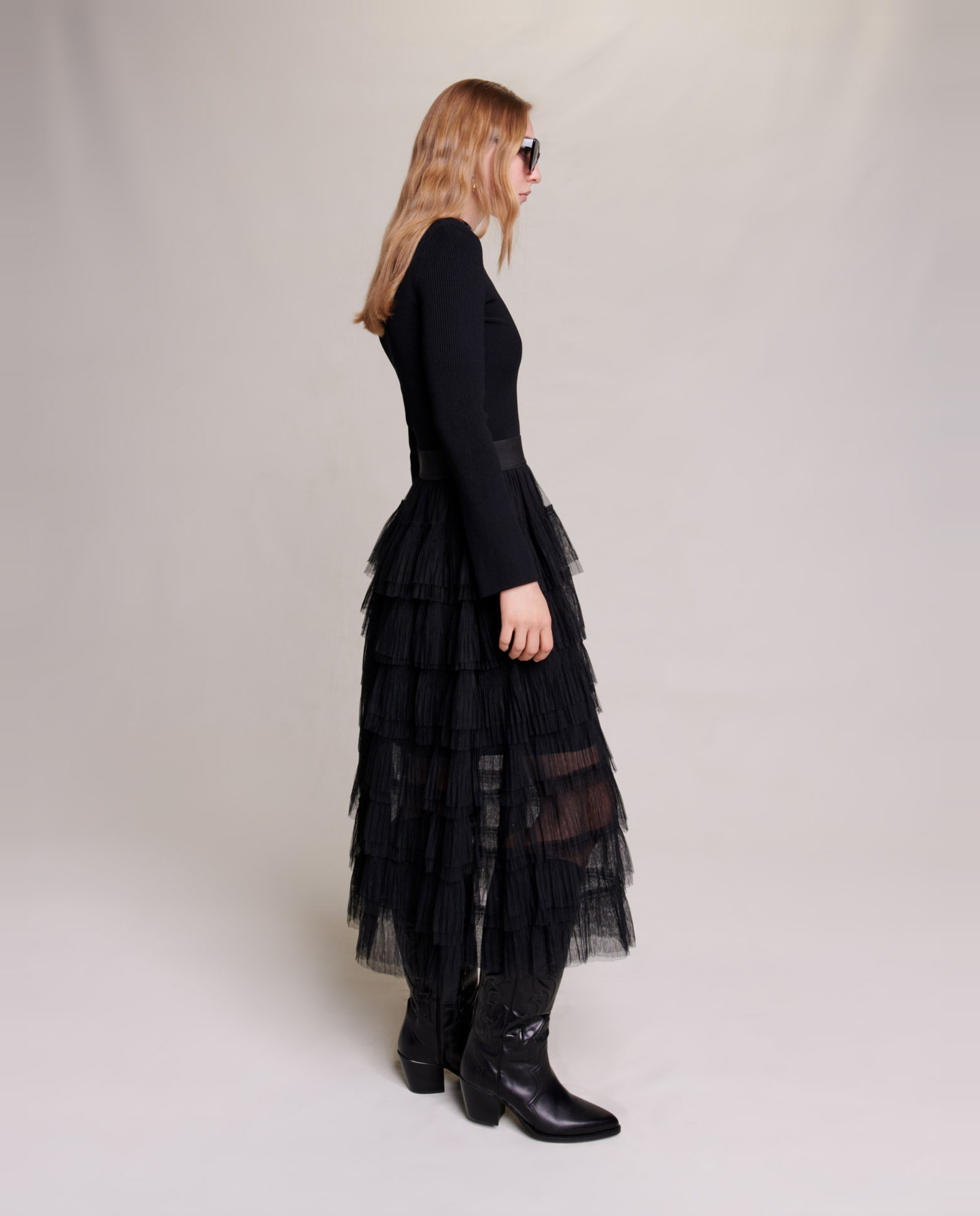 Falda midi con volantes de tul - Maje - Negro Negro-3