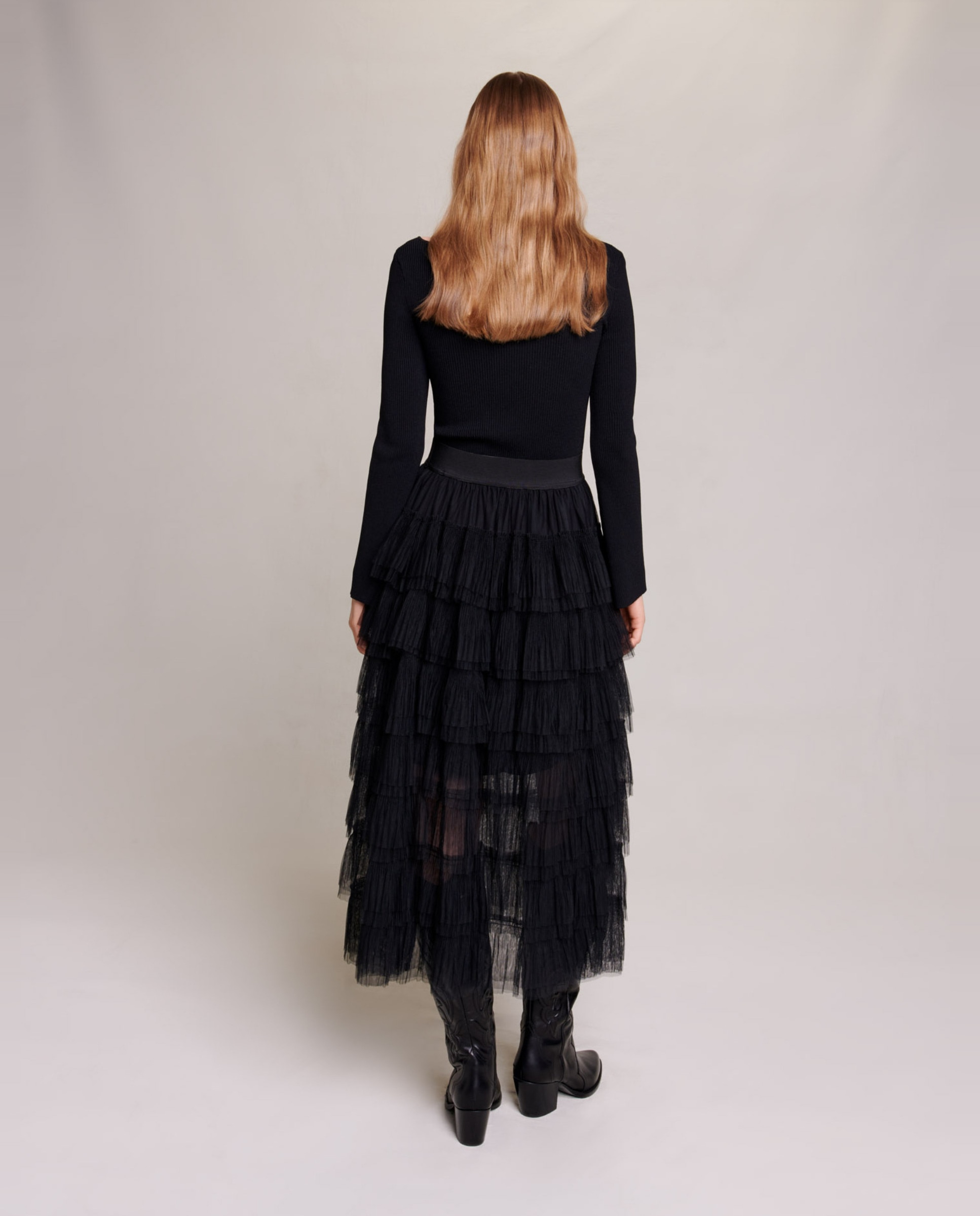 Falda midi con volantes de tul - Maje - Negro Negro-4