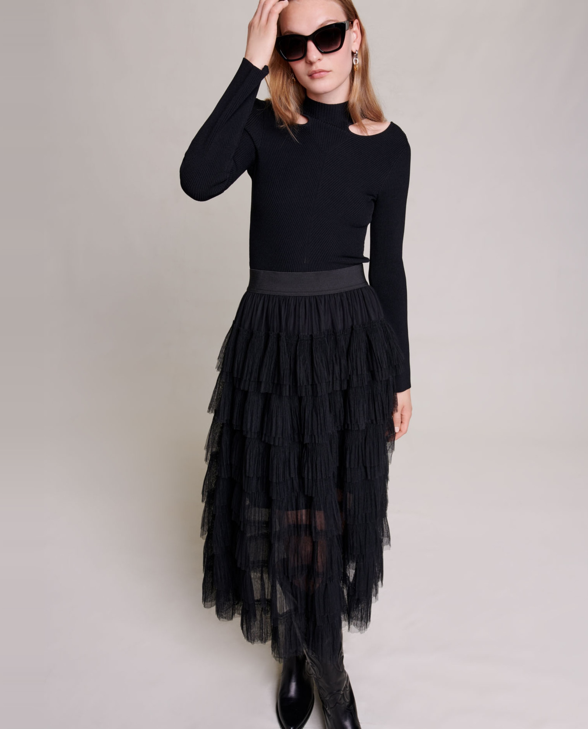 Falda midi con volantes de tul - Maje - Negro Negro-5