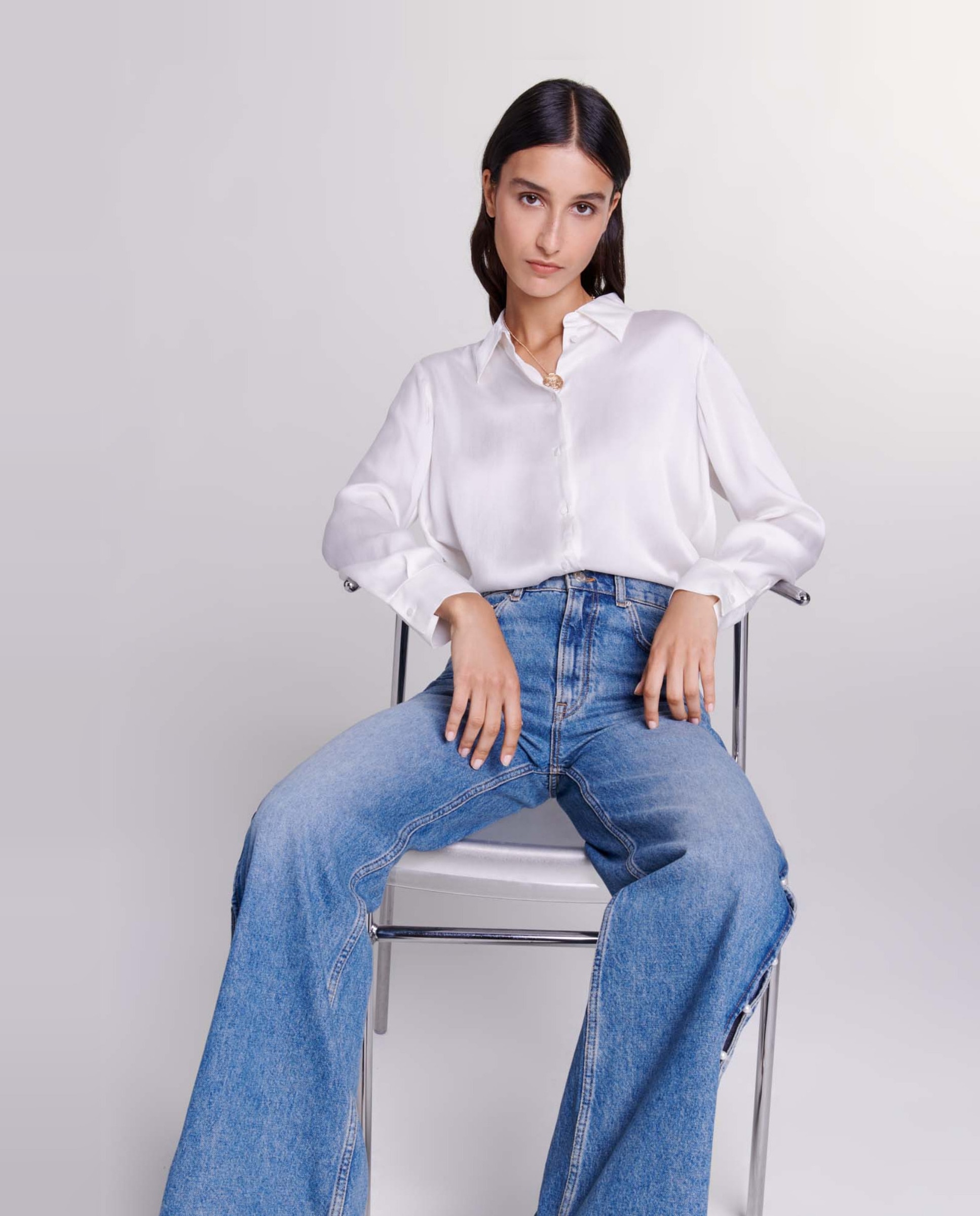 Camisa de mujer 100% seda de manga larga - Maje - Blanco Blanco-5