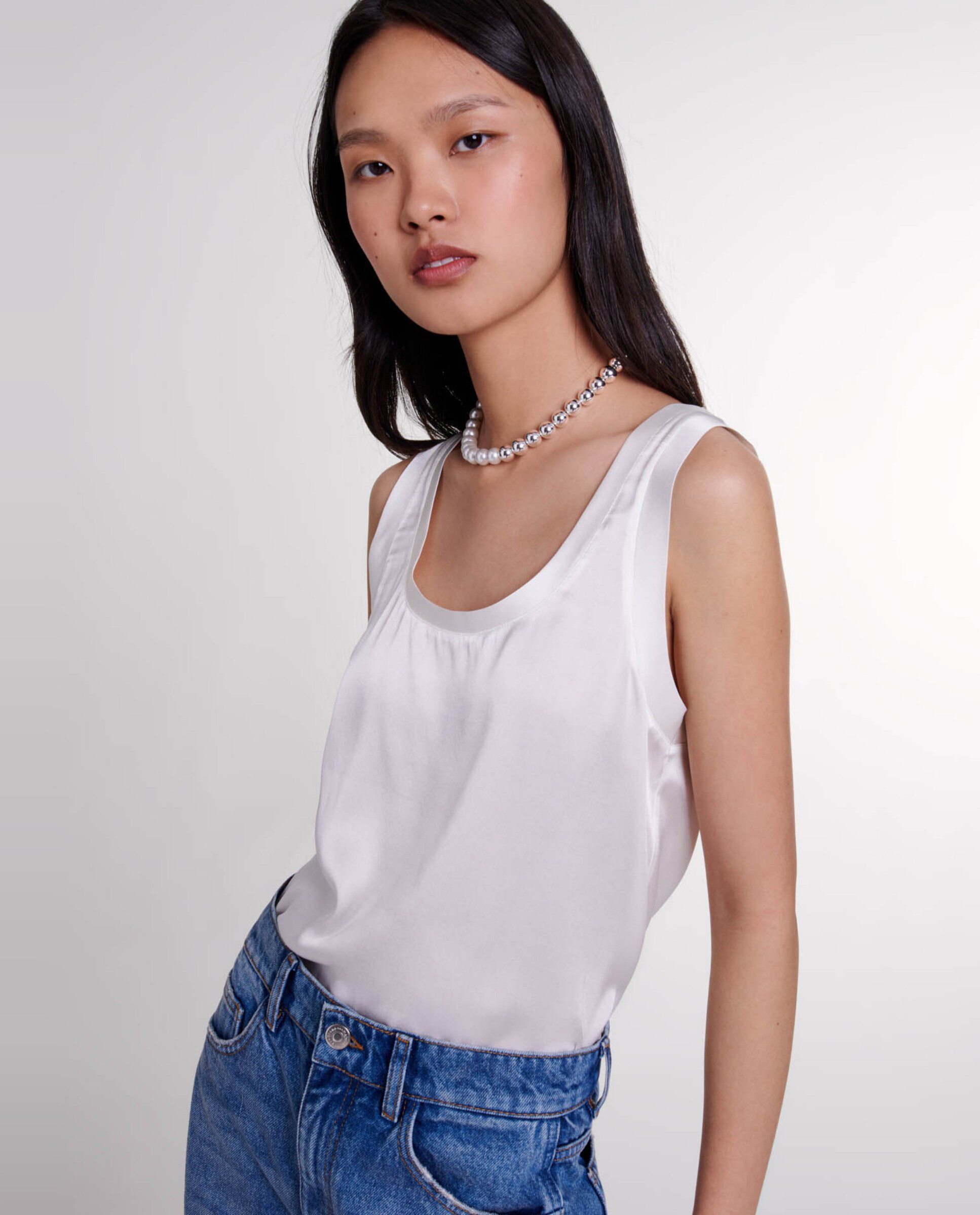 Camiseta de mujer de seda sin mangas - Maje - Blanco Blanco-1