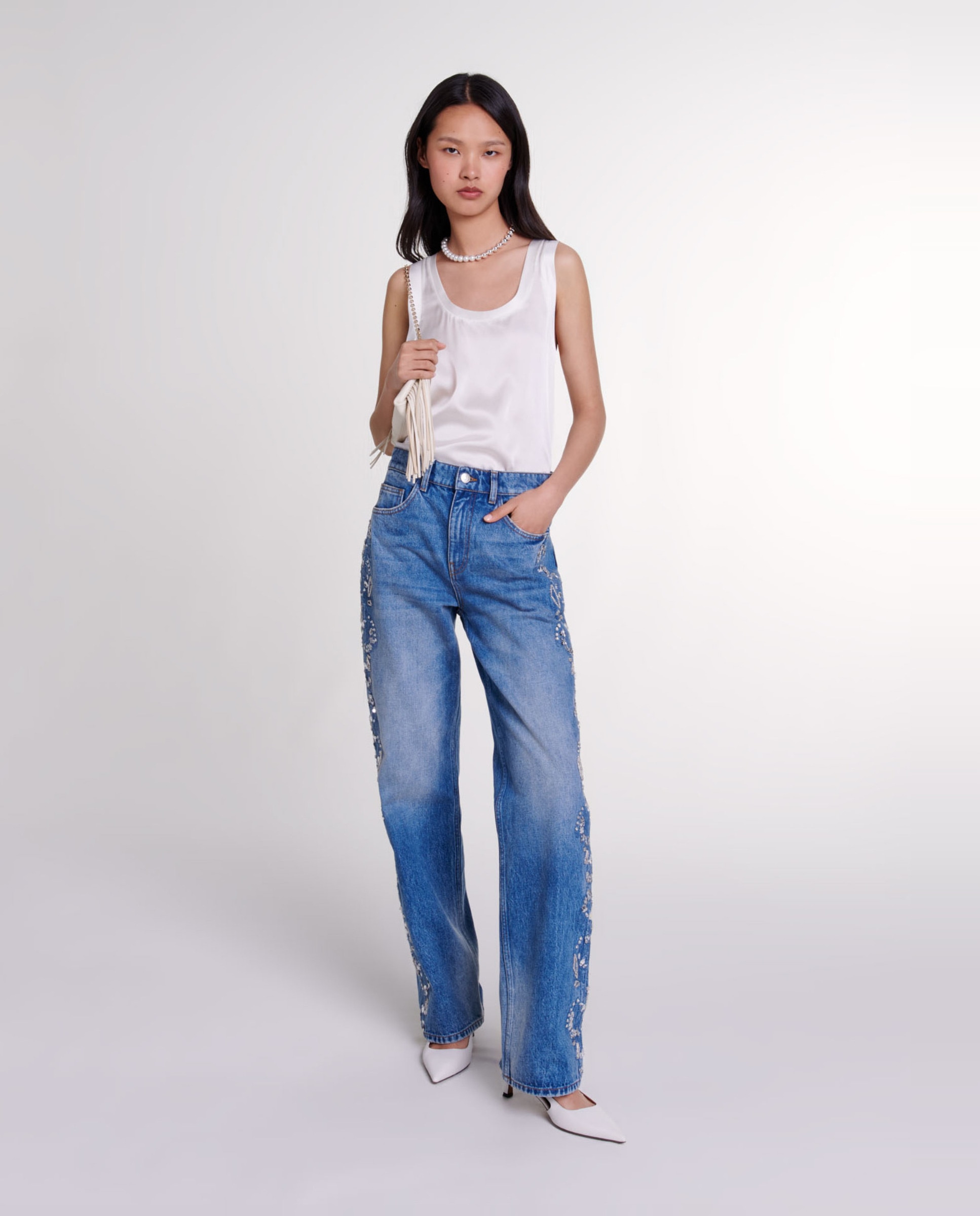 Camiseta de mujer de seda sin mangas - Maje - Blanco Blanco-4