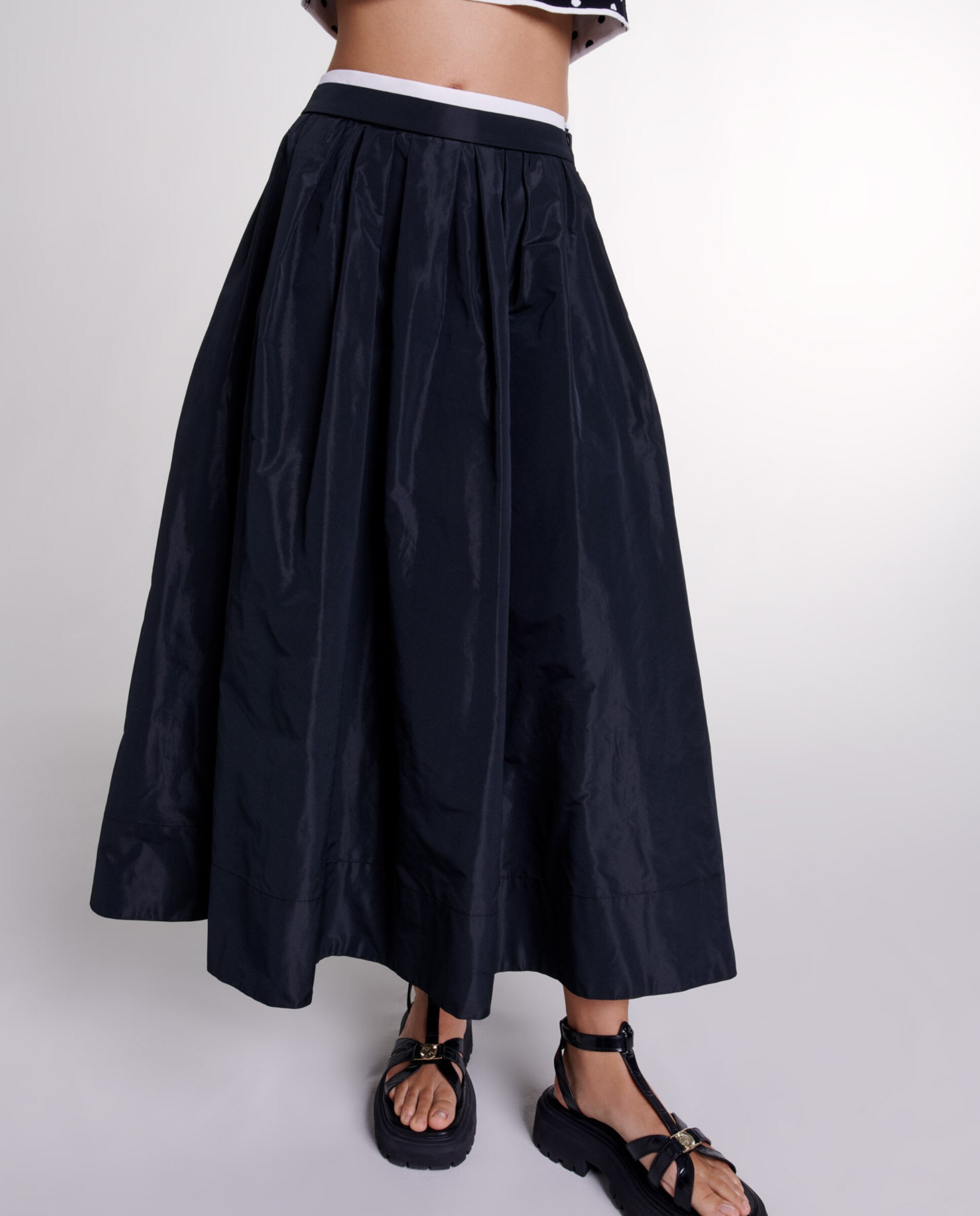 Falda larga con doble cintura en contraste - Maje - Negro Negro-2