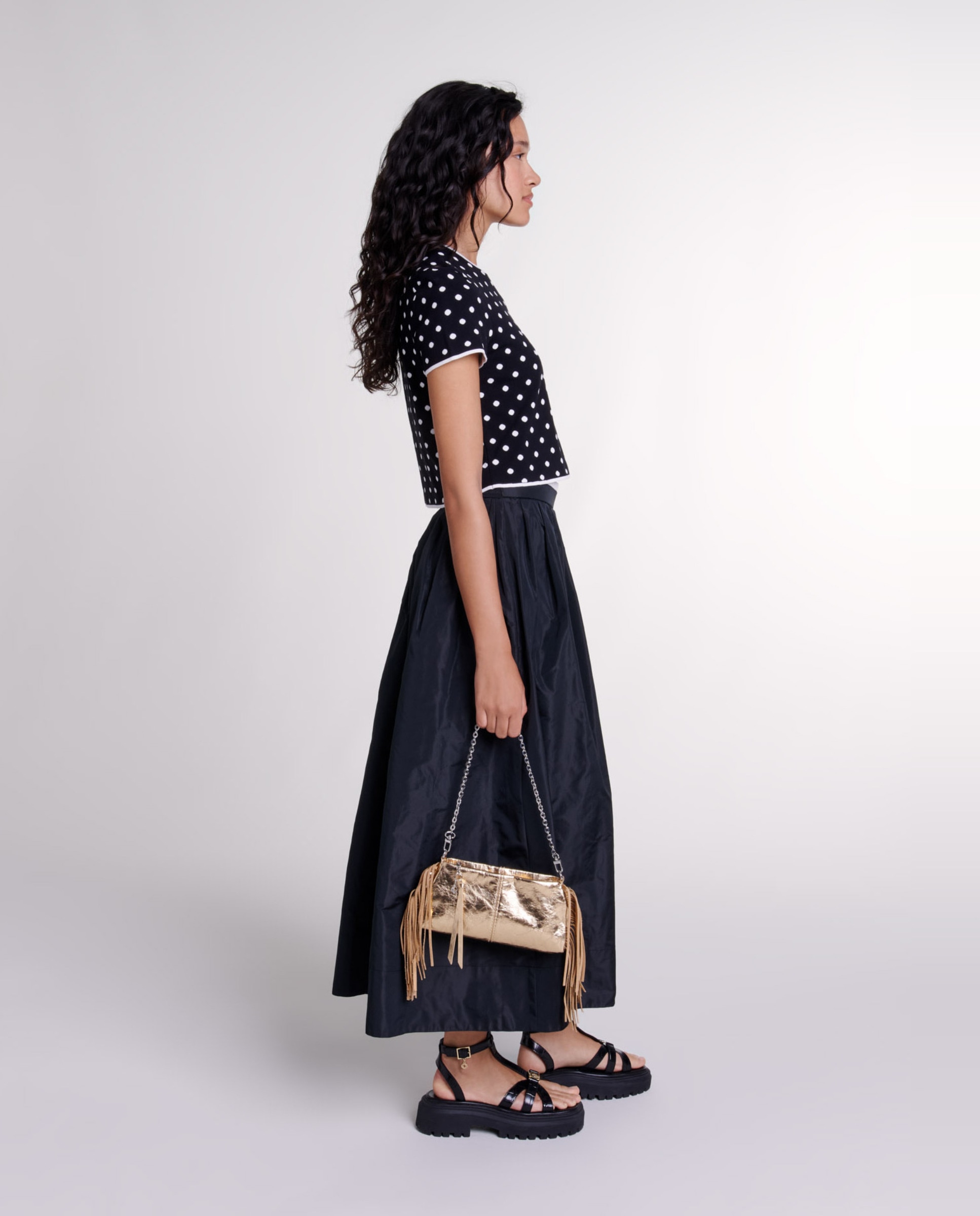 Falda larga con doble cintura en contraste - Maje - Negro Negro-3