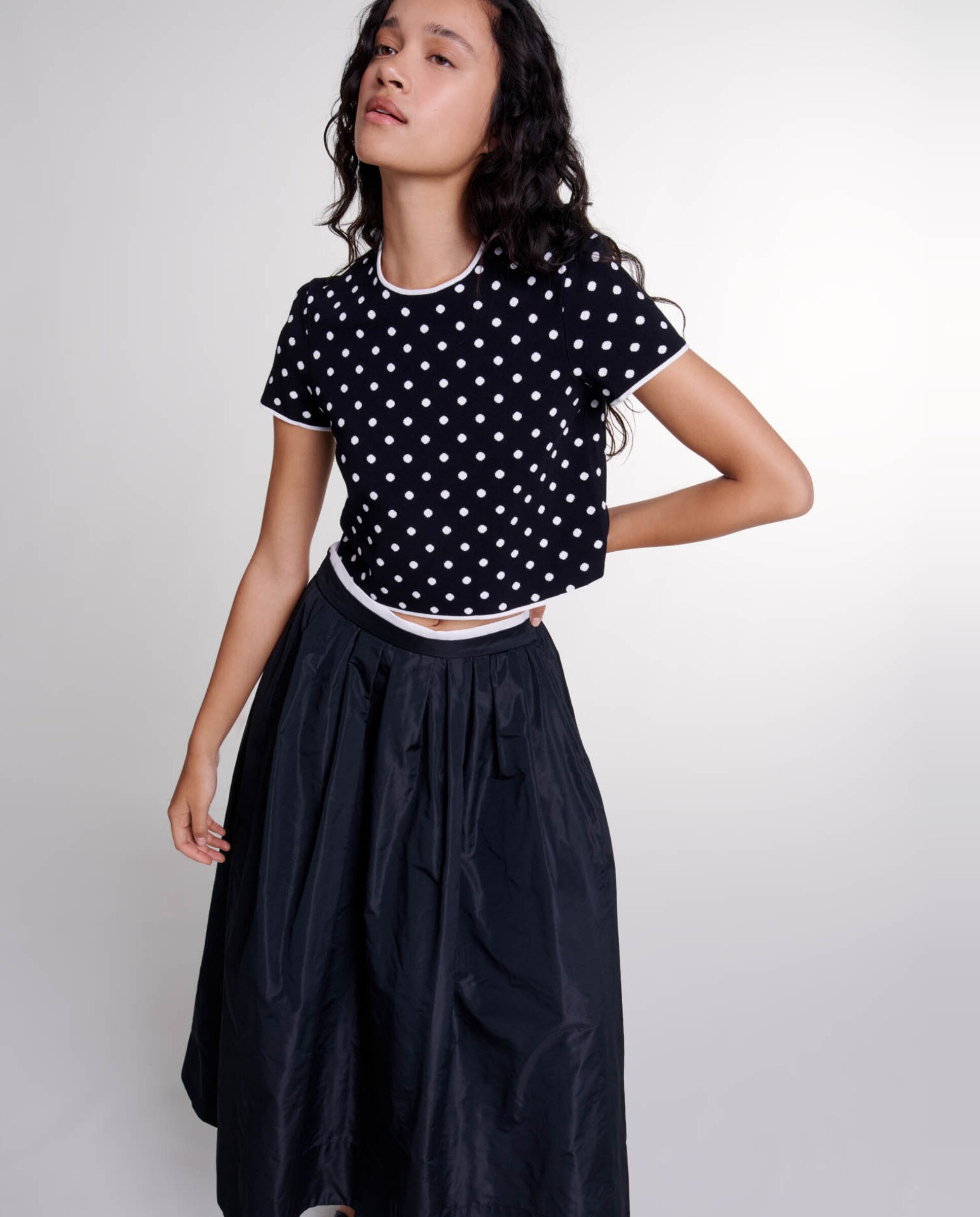 Falda larga con doble cintura en contraste - Maje - Negro Negro-5
