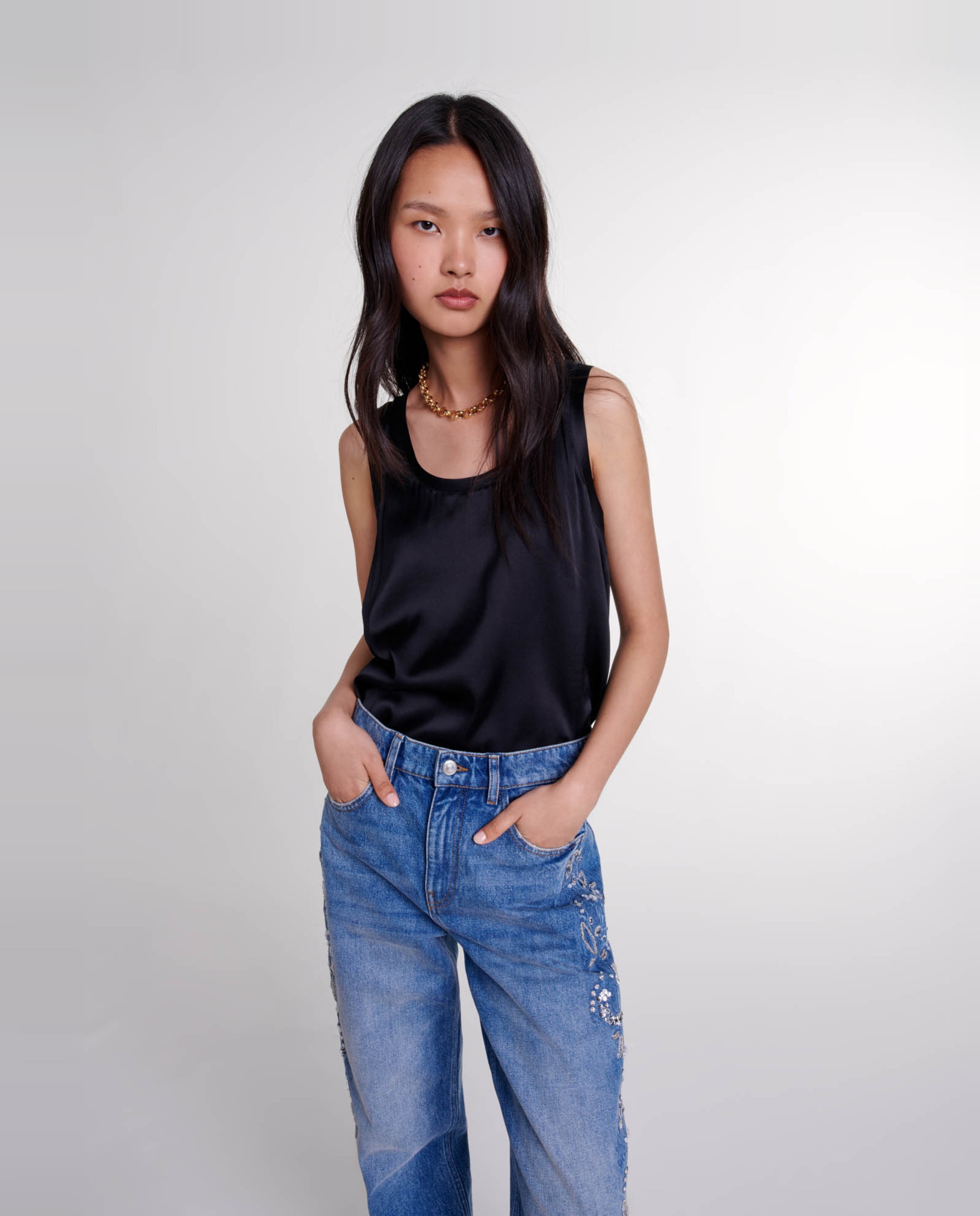 Camiseta de mujer de seda sin mangas - Maje - Negro Negro-1