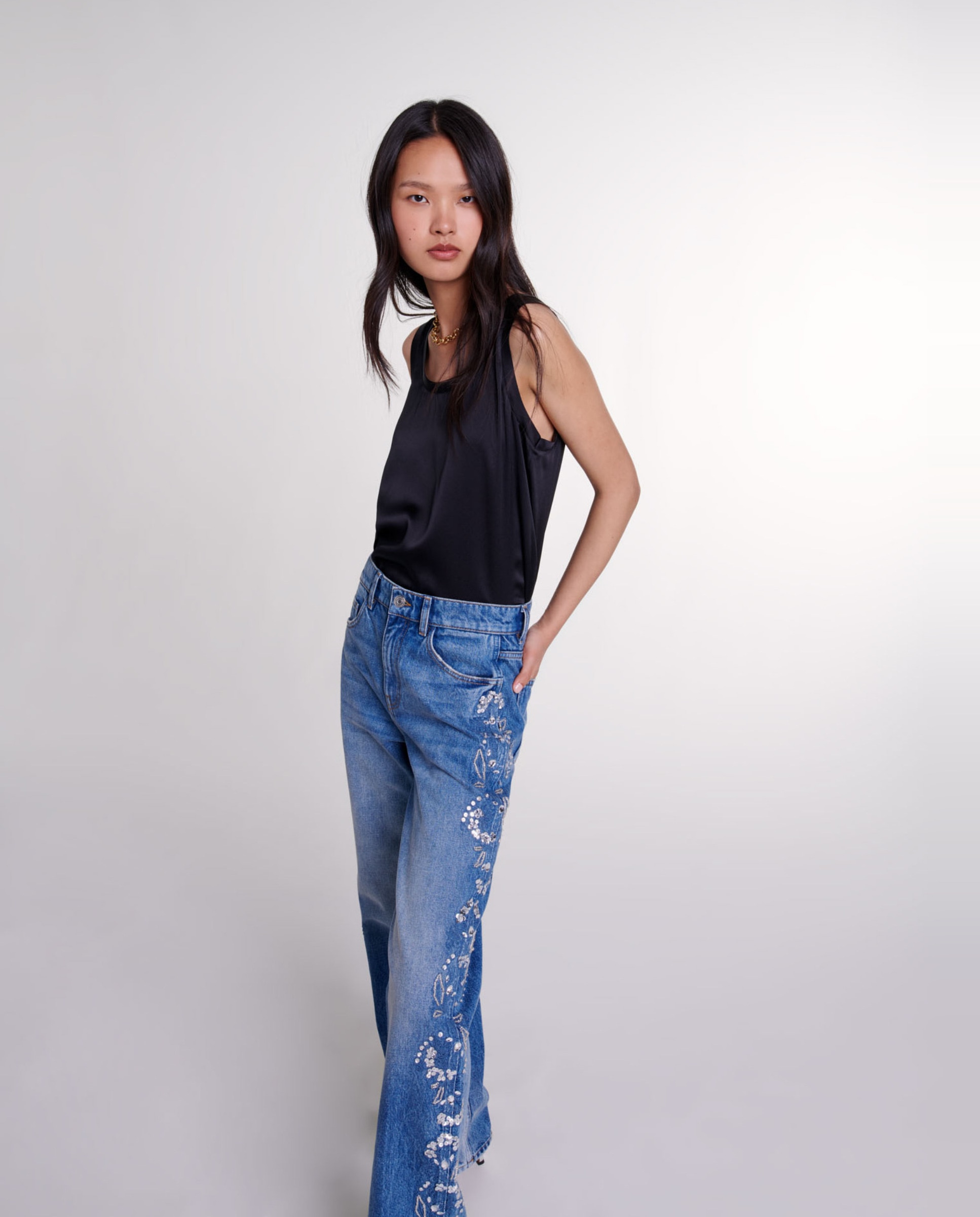 Camiseta de mujer de seda sin mangas - Maje - Negro Negro-4
